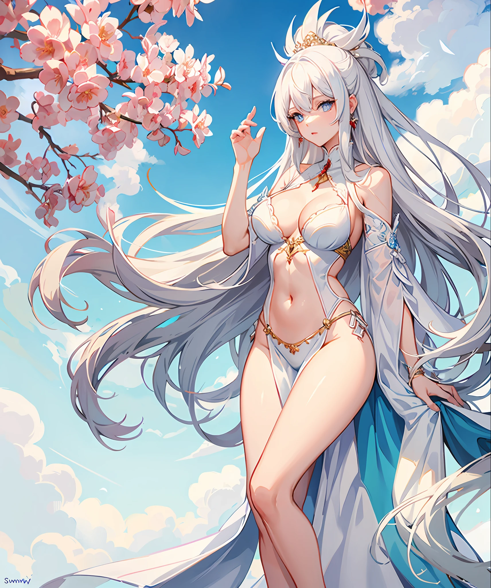 white hair, blue eyes, long hair, red gown, navel, cleavage, medium breast, slim legs, sunny day