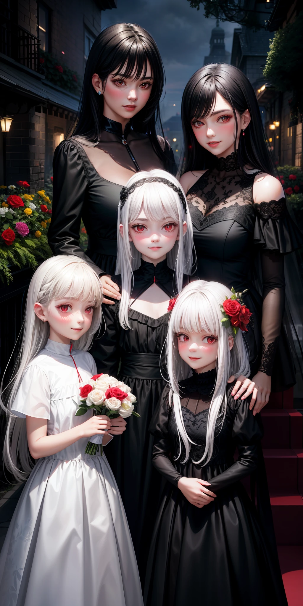 realistic, 1 woman (black hair), 3 daughters (white hair), red eyes, gala dresses, light, night, blush, smiles, flowers, garden, square