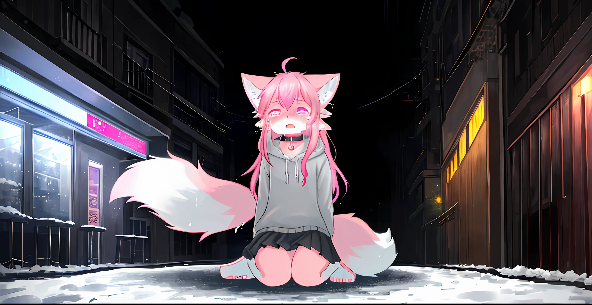 long pink hair, neon eyes, glowing eyes, teenage, sidewalk in modern city, rainstorm, day, fog (dark gray), cat ears, pale pink ears, fox tail, light pink fox, white sweatshirt, cute, collar, one tail tail, god, fur body, full body, lower body wearing short skirt, snow fox, character, masterpiece, fluffy tail, current, sad, NFSW, highest quality, 8k, full hd, two-eared cat, winter, sad, sad, feeling hopeless, tears, opening your mouth and crying, Kneeling on the sidewalk, drenched, head to the sky with eyes closed and crying, nsfw, pink hair, blurry, 10 years,