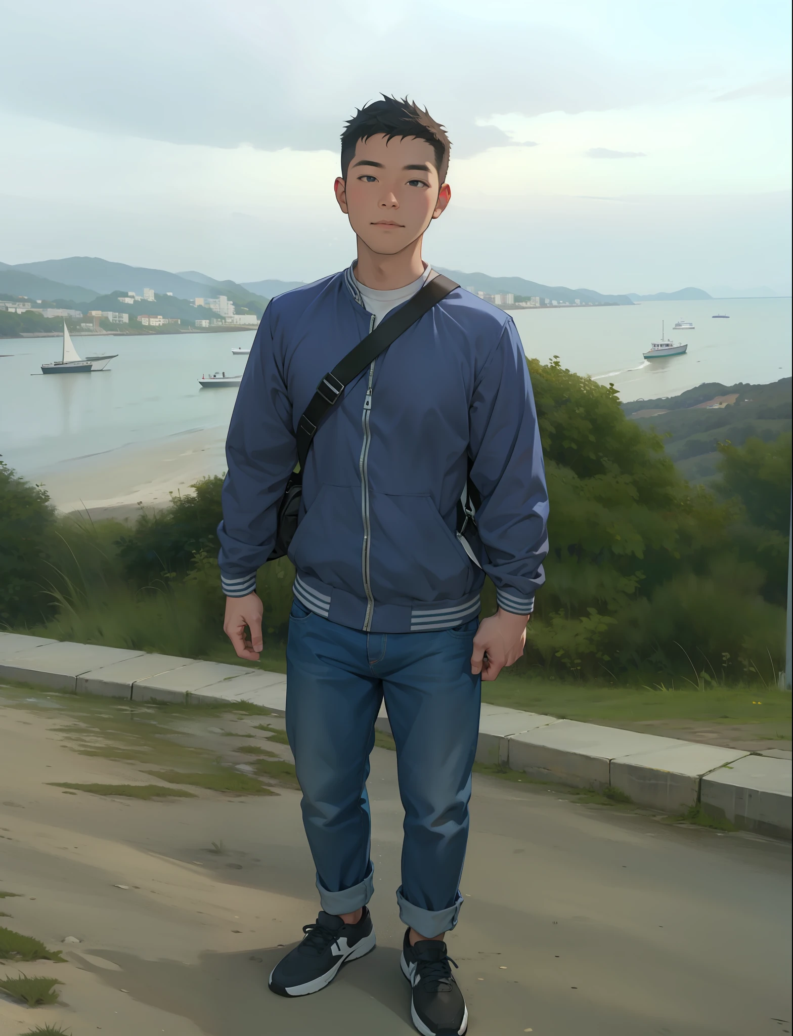 High quality, 8k, 28 year old boy, seaside, carrying a bag