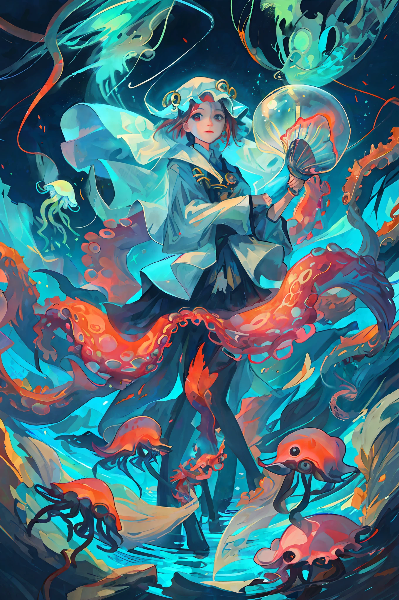 Fantastic style, starry sky background, red-haired cute girl stands out, wearing a jellyfish skirt, holding an interstellar flute, red eyes and light lips, smiling, behind the floating beautiful jellyfish group, or delicate or brilliant, fluttering with the wind, meteors falling from the sky, dotting the beautiful night sky. )