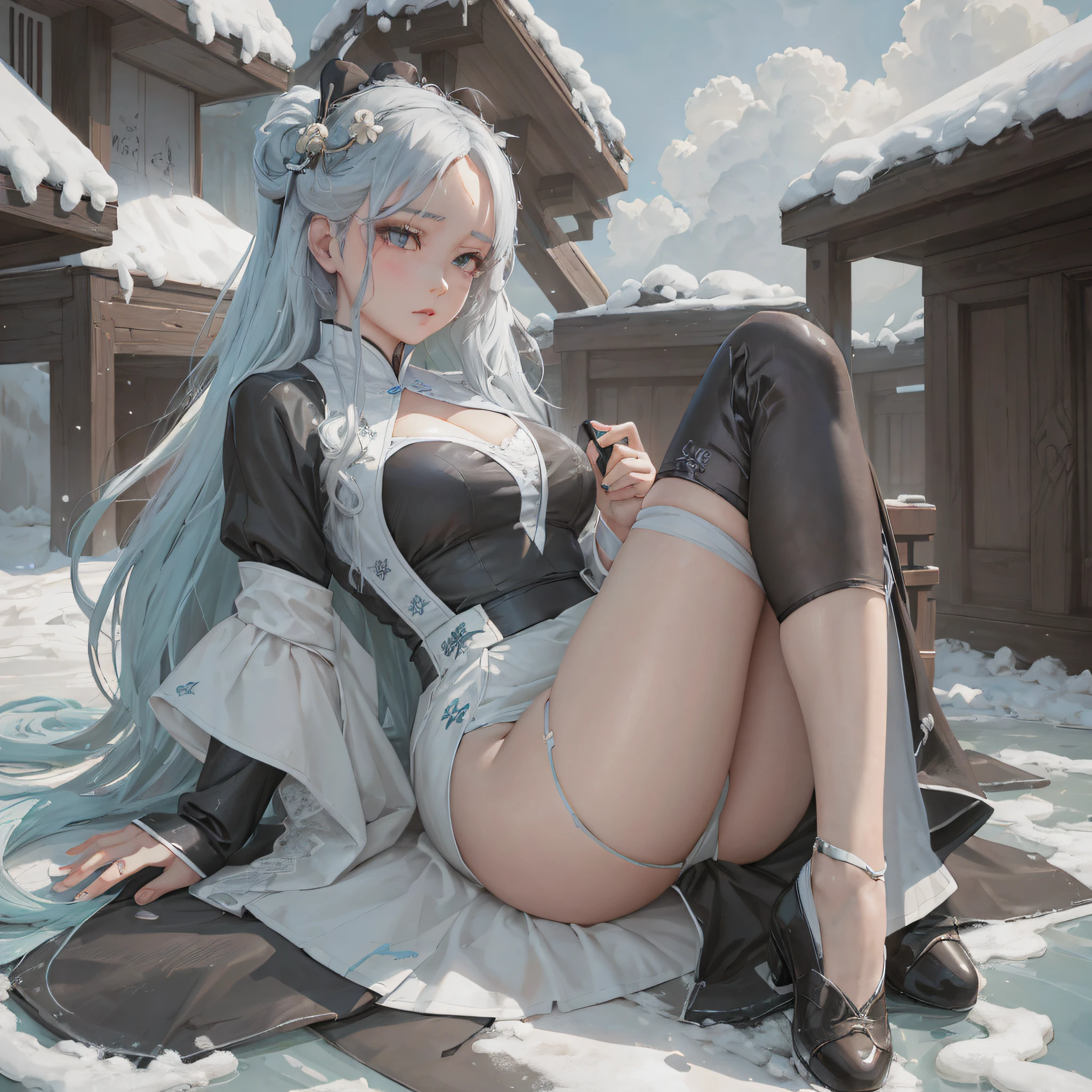 anime girl in a black and white outfit sitting on a blanket, artwork in the style of guweiz, trending on cgstation, guweiz on artstation pixiv, guweiz on pixiv artstation, guweiz, guweiz masterpiece, fanart best artstation, 8k high quality detailed art, trending on artstation pixiv --auto --s2