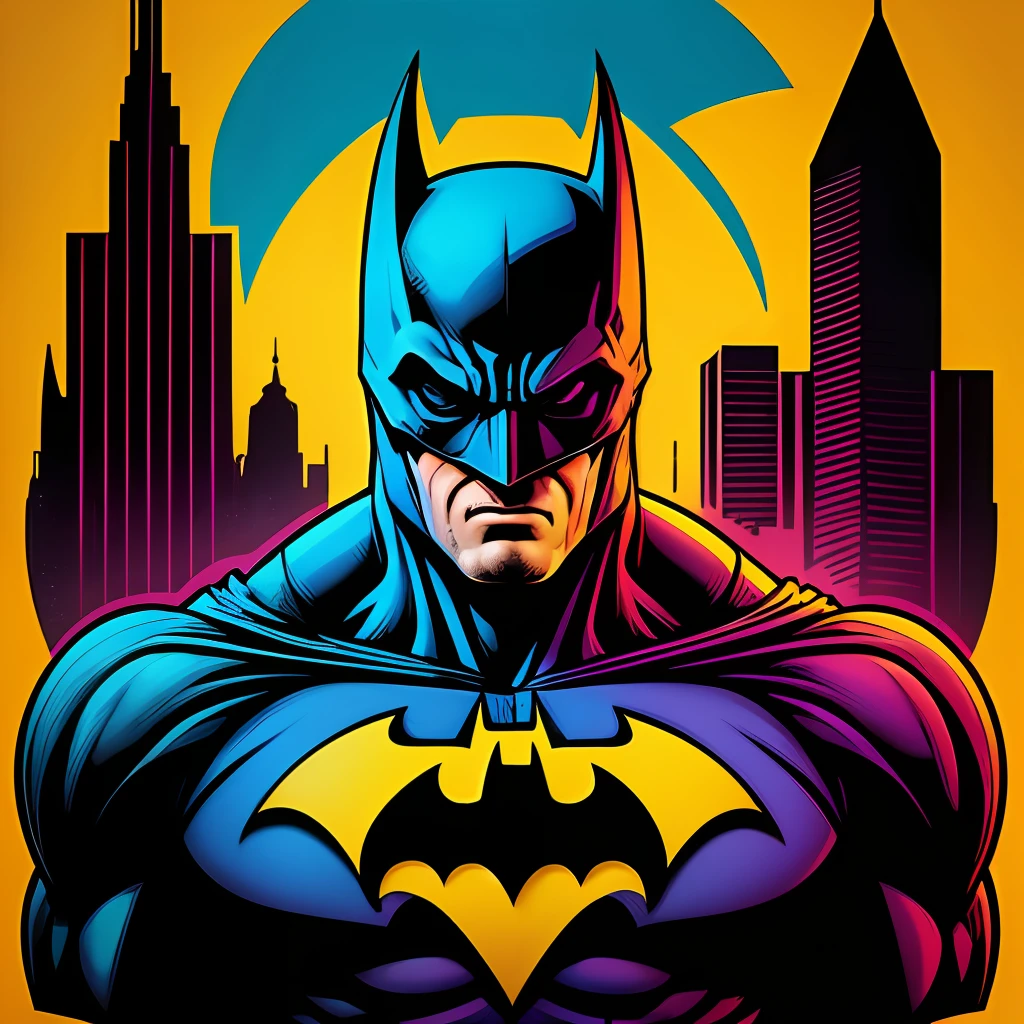 Batman masterpiece, comic book superhero, inspired by Pop Art Design, 32k quality design, with Retro style, made with Vibrant Colors, Captured by DSLR Camera, in a total and centralized frame, with maximum quality and maximum detail, and a wide view of the masterpiece, with an Urban background.