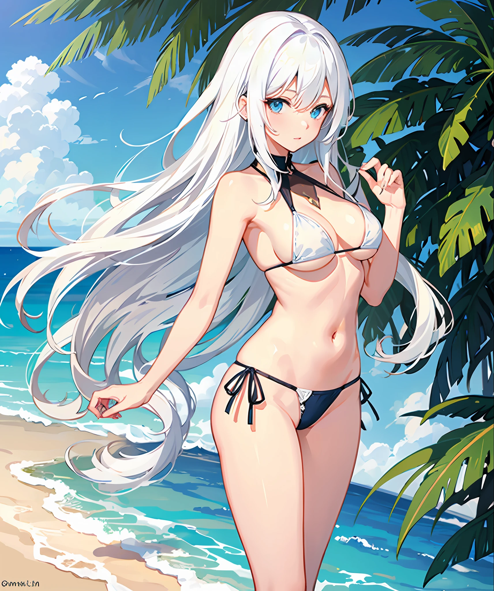 sexy, white hair, medium breast, blue eye, side tie bikini, slim legs, long hair, sunny day, happy