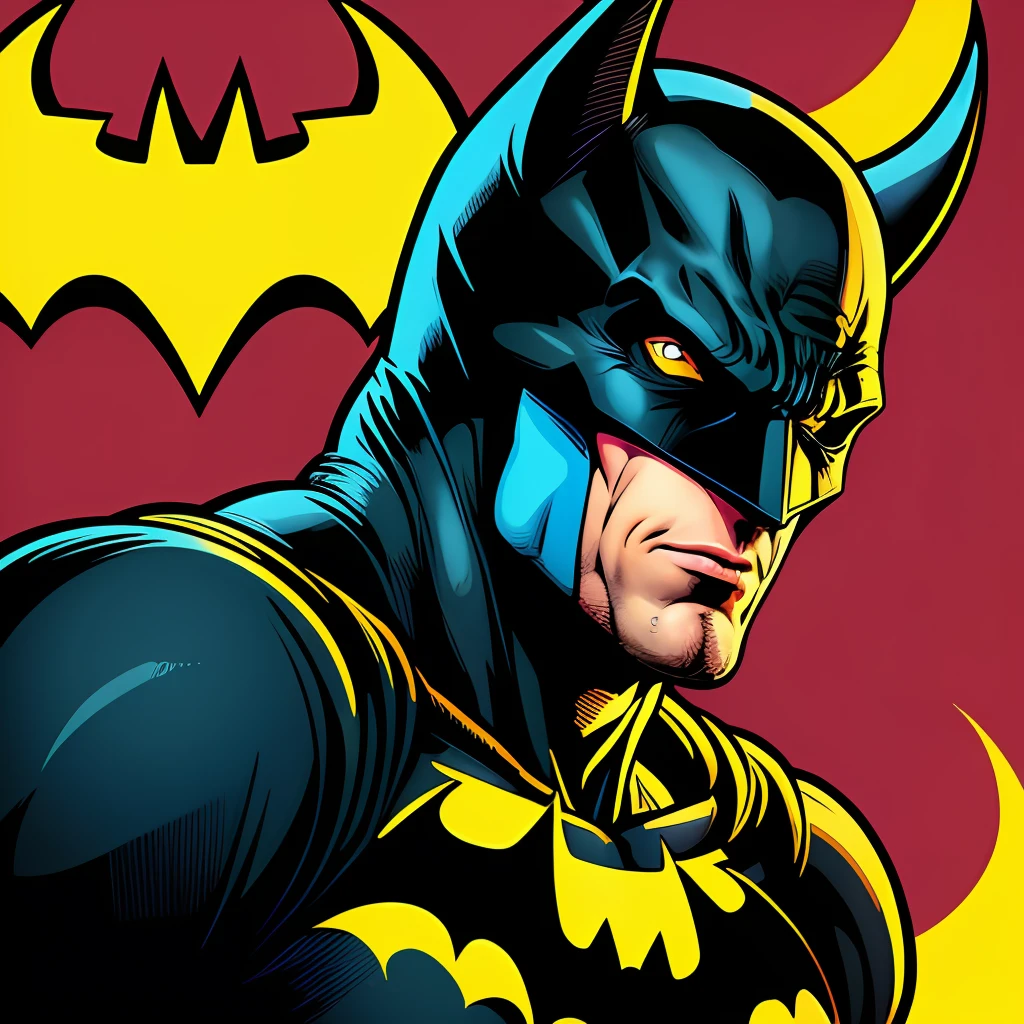 Batman masterpiece, comic book superhero, inspired by Pop Art Design, 32k quality design, with Retro style, made with Vibrant Colors, Captured by DSLR Camera, in a total and centralized frame, with maximum quality and maximum detail, and a wide view of the masterpiece, with an Urban background.