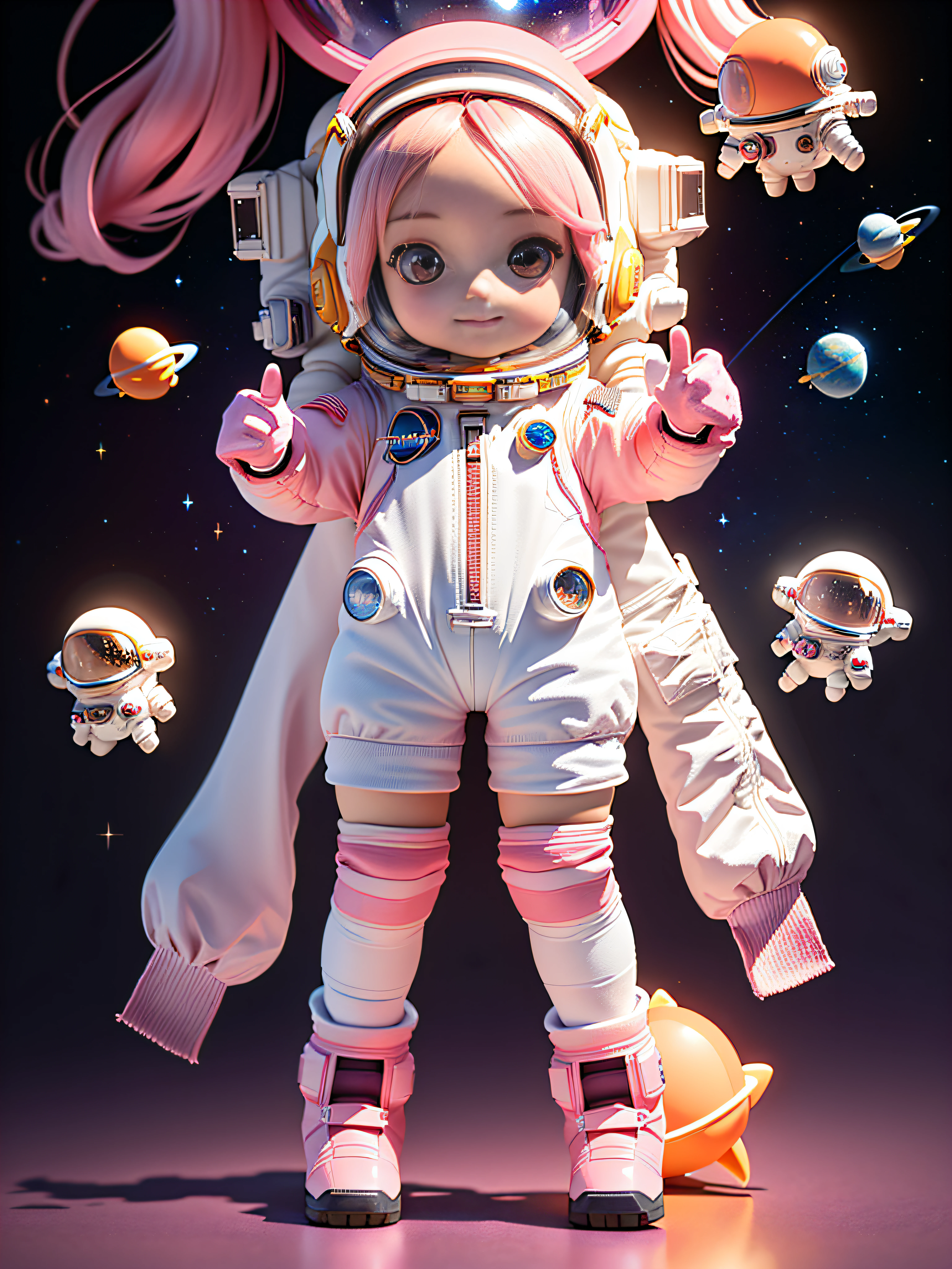 Super cute girl full body 3D picture, 1 pc, good looking eyes, big eyes, cute, happy, c4d, pop matt blind box, pink long hair, glowing bubbles, toys, solid color background, chibi, fluorescent translucency, luminous body, kawaii, doll, (((astronaut, spacesuit))), reference table, pop mart blind box, Pixar, complex details, 3d rendering, blender, OC renderer, fol body reference sheet, Dribble, High Details, 8K, Studio Lighting, Loli, Petite, Child, Chibi, SD characters: 1.1, Magic Space Warehouse background