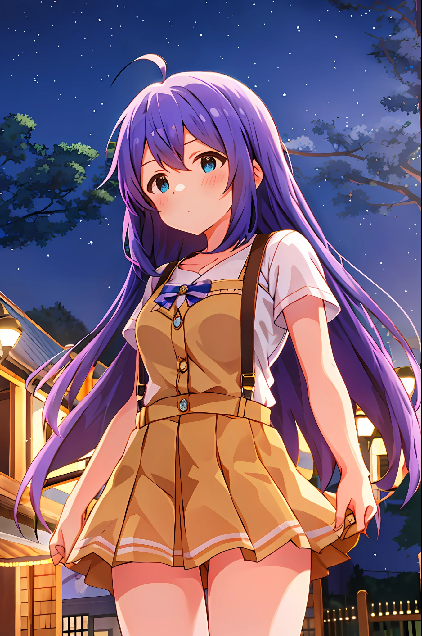 Anna Mochizuki (Million Live), (Top Quality, 8K, Masterpiece, Super Detail: 1.2), 1 Girl, Suspender Clothes.Skirt.Blushing, Clavicle, Bow, Ribbon, Blue Bow.Night.Nightview.Outdoors.