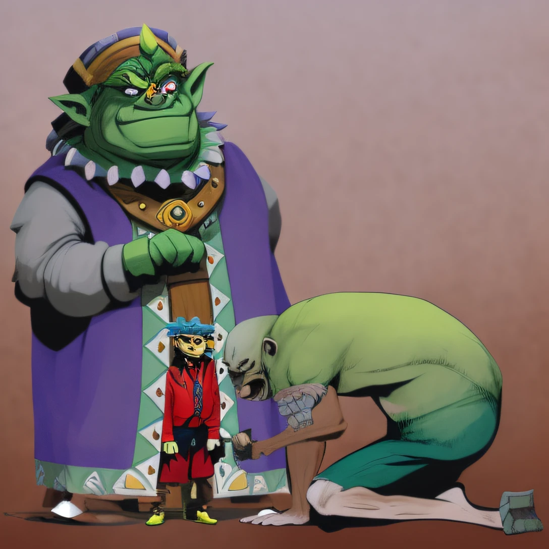 cartoon of a man kneeling down with a green monster on his knee, full color illustration, epic full color illustration, ganondorf, inspired by Patrick Woodroffe, full color digital illustration, goblin, arabic orc, goblin art, full art illustration, drak fantasy goblin, hunchbacked, ogre, inspired by Richard Corben, published art