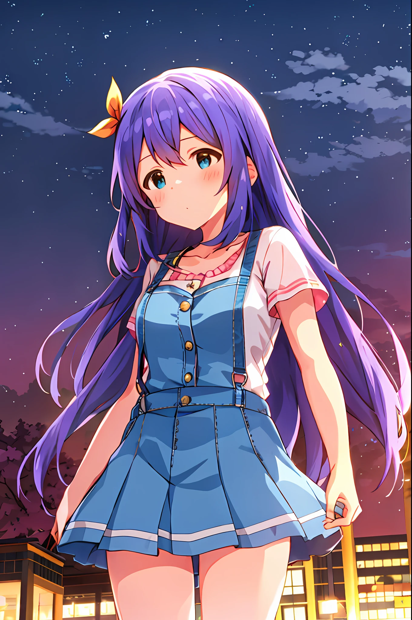 Anna Mochizuki (Million Live), (Top Quality, 8K, Masterpiece, Super Detail: 1.2), 1 Girl, Suspender Clothes.Skirt.Blushing, Clavicle, Bow, Ribbon, Blue Bow.Night.Nightview.Outdoors.