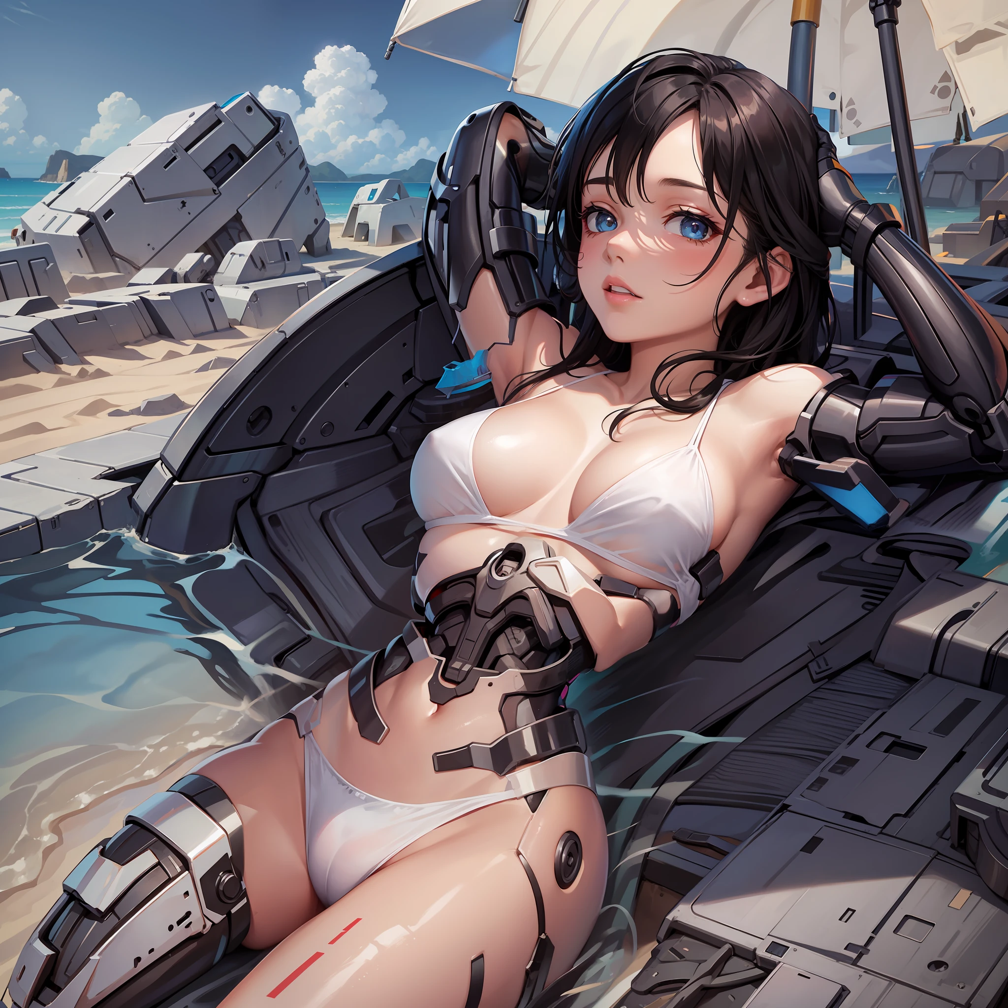 Beautiful girl with half-naked cybernetic parts lying on the beach