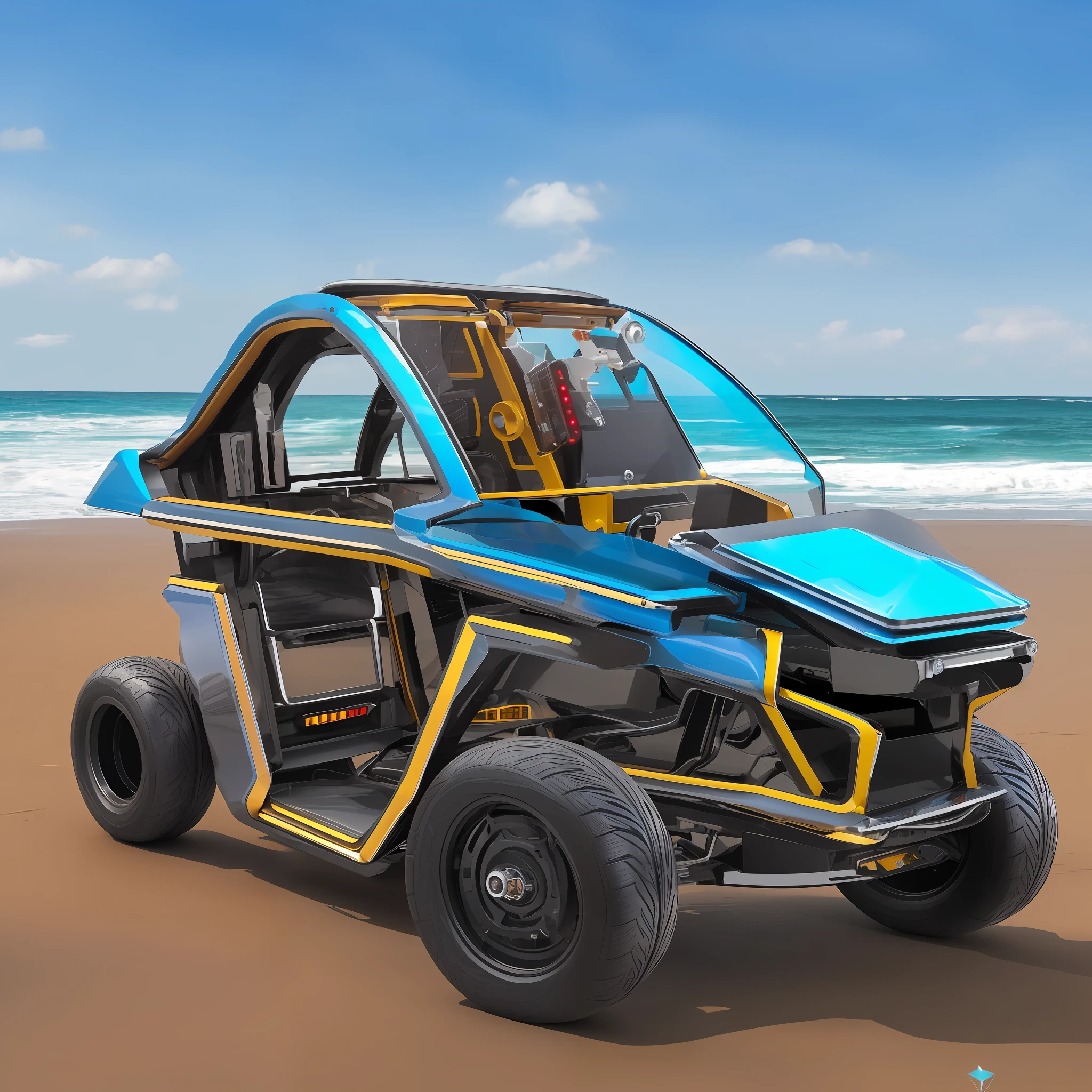 3/4 front view of (((futuristic cyberpunk hot rod TukTuk)) (TukTuk with glowing tires) on the beach, --auto --s2