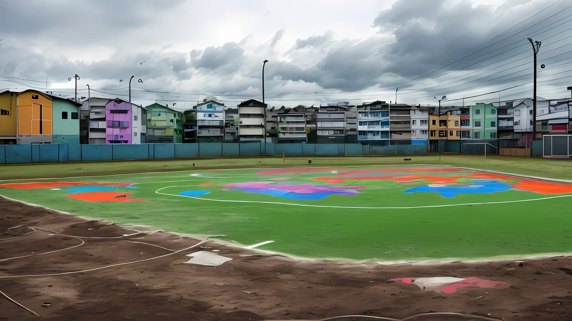wide shot, cloudy, a soccer field with a dirt ground and improvised goals, surrounded by colorful houses with peeling paint, puddles on the ground, kids playing soccer, graffiti and air conditioners on the walls, wires and clotheslines above, hyper-realistic photo --location Rio de Janeiro --ar 16:9 --effects 8k, hdr, noise reduction