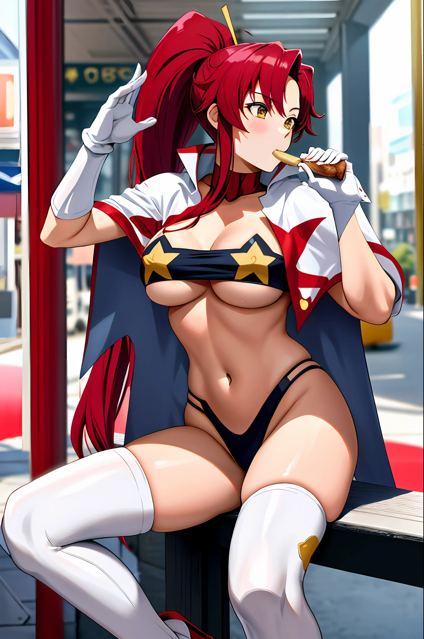 masterpiece, best quality, highres, yl1, ponytail, underboob, cape, bandeau, hair ornament, strapless, tube top, midriff, white gloves, star (symbol), thighhighs, cowboy shot, street, sitting, eating, food,