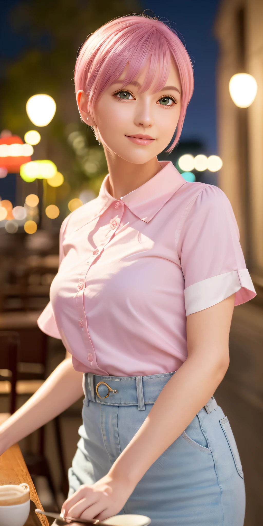 (64K, UHD, Top Quality, Masterpiece: 1.2), (Realistic, Photorealistic: 1.37), Super Detailed, Girl 1 Person, Cute, Solo, Beautiful Detailed Sky, Detailed Cafe, Night, Date, (Blush), (Smile: 1.15), (Closed Mouth) Big, Cat-like Face, Beautiful Fine Eyes, (Shirt with Collar: 1.1), Night, Office Clothes, White Lace, (Short Hair: 1.2), ( pink hair, purple eyes), floating hair NovaFrogStyle, topless,