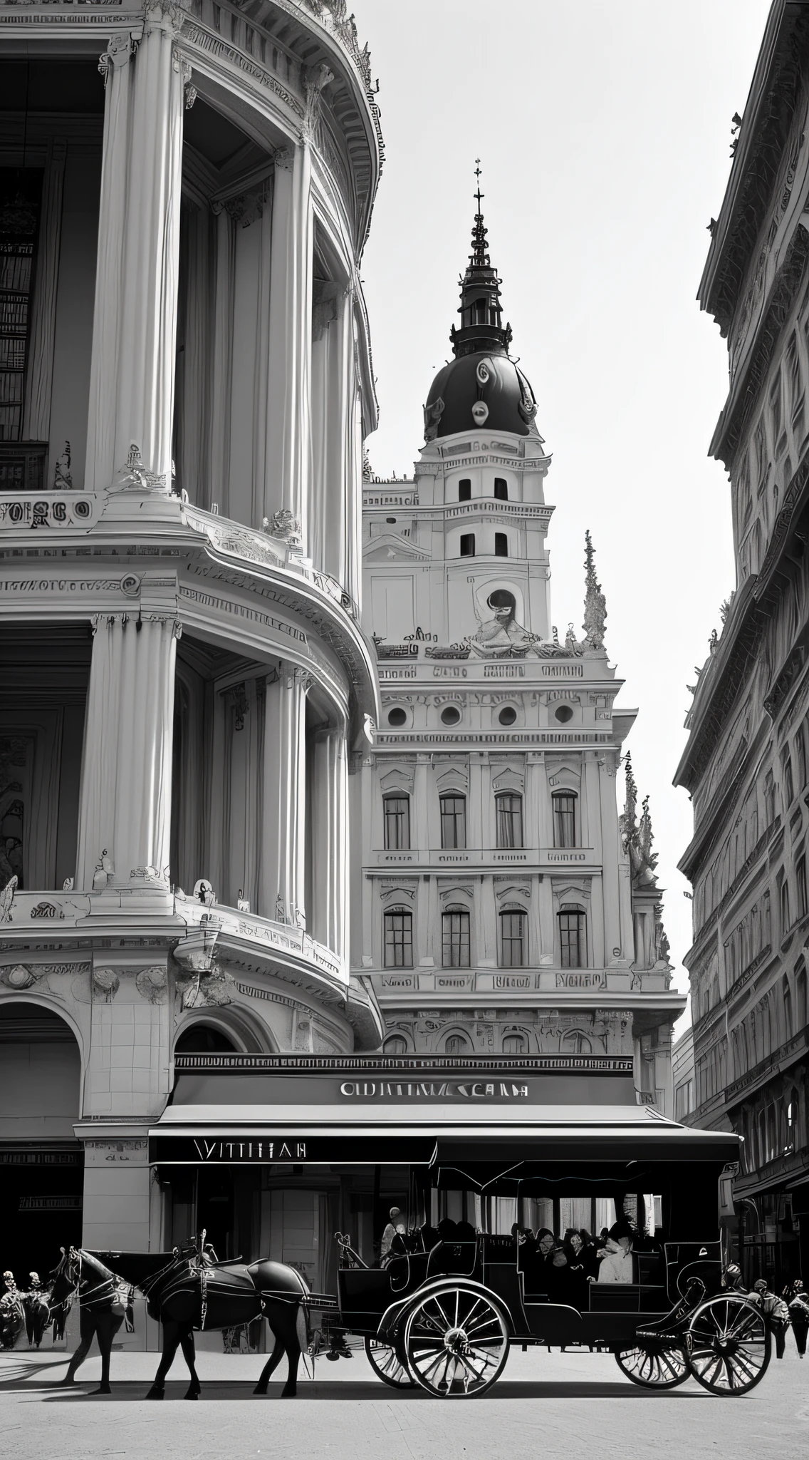 (vintage, captivating, black and white photograph:1.3), Vienna State Opera, (early 1900s:1.1), iconic exterior view, capturing the grandeur and architectural beauty of one of the world's most renowned opera houses, ornate details, intricate carvings, rich artistic and intellectual heritage, bustling atmosphere, people in period attire, horse-drawn carriages passing by, representing the charm of Vienna's cultural scene, captivating and timeless composition.