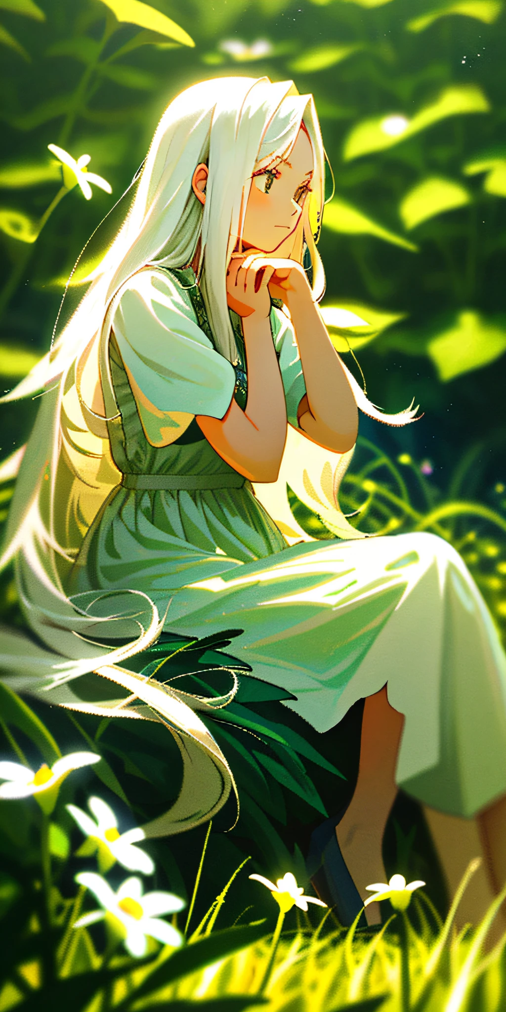(masterpiece, best quality),1girl with long white hair sitting in a field of green plants and flowers, her hand under her chin, warm lighting, white dress, blurry foreground