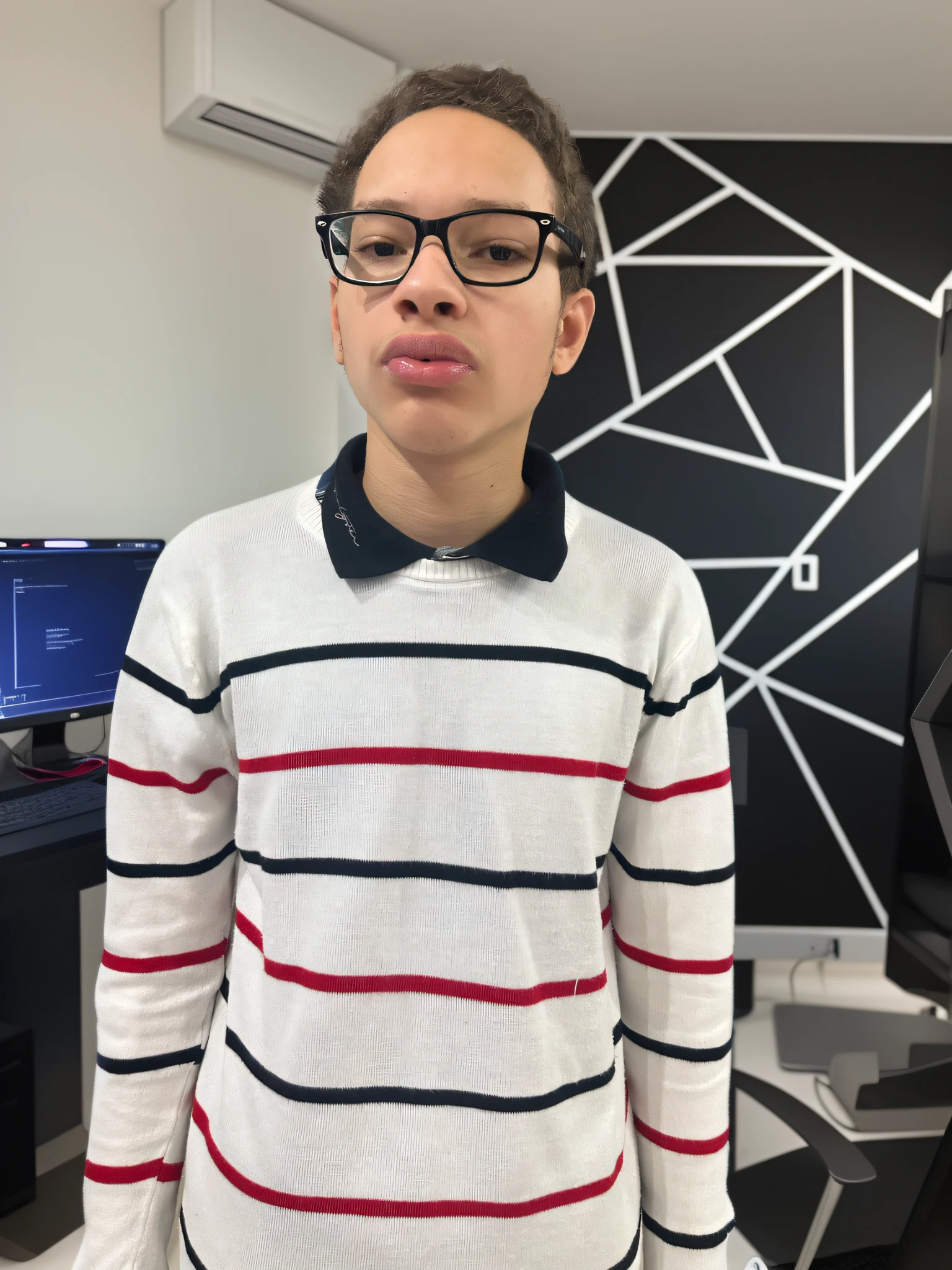 Man in glasses and striped sweater in front of a computer desk, wearing a sweater, taken in early 2020, inspired by front pose, 16 years old --auto --s2