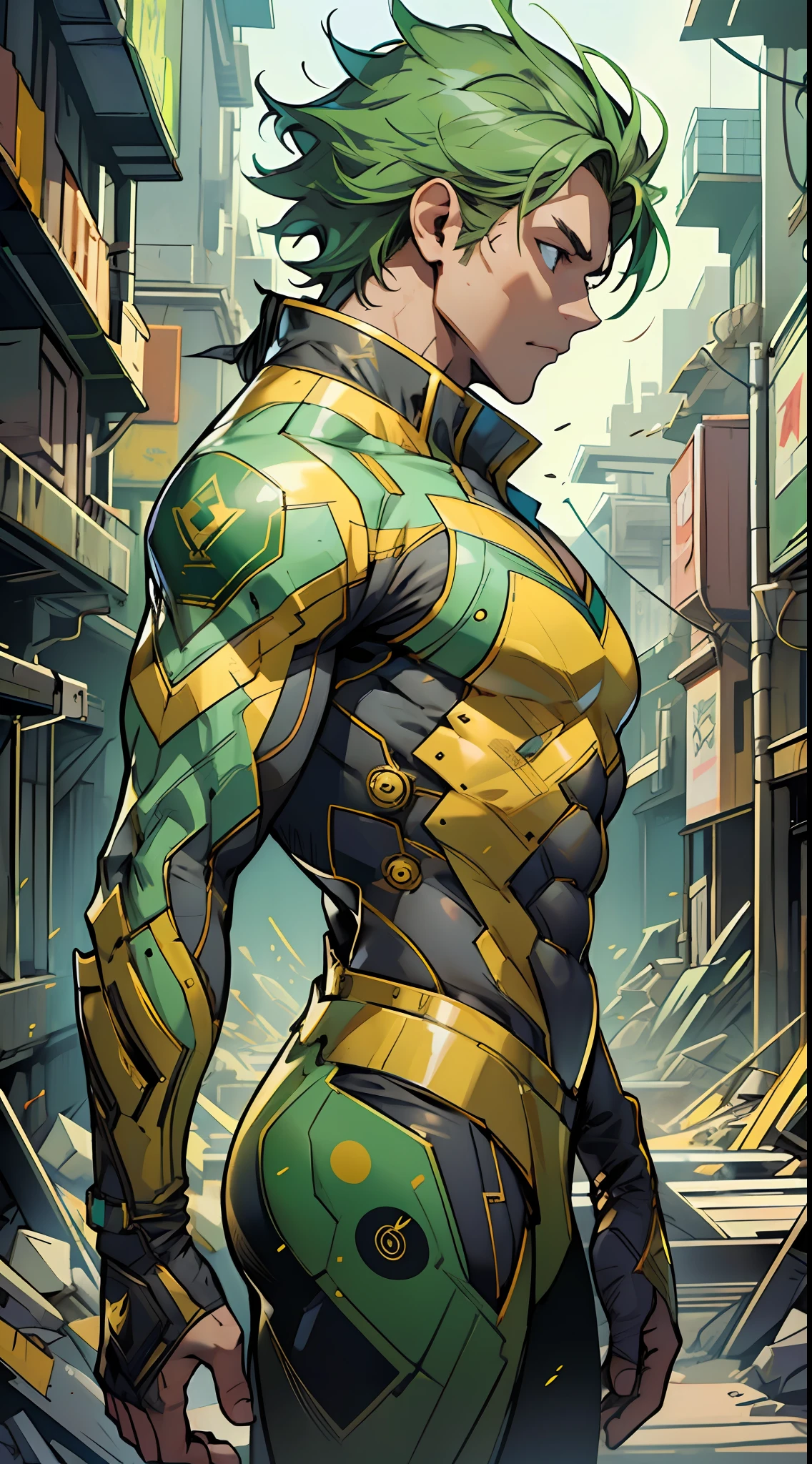 Develop an image of a hero wearing a green and gold costume. The hero must have a noble and powerful appearance, with distinct character traits. The green and gold costume should be modern and futuristic, with technological elements and details that make it unique. The hero must be in a heroic pose, as if he is ready to face any challenge that comes his way. The background scene can be an urban landscape or an imaginary landscape that matches the heroic aura of the character. Feel free to add creative and interesting details to make the hero even more captivating