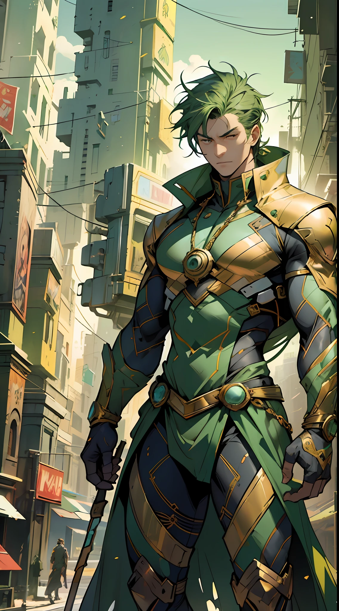 Develop an image of a hero wearing a green and gold costume. The hero must have a noble and powerful appearance, with distinct character traits. The green and gold costume should be modern and futuristic, with technological elements and details that make it unique. The hero must be in a heroic pose, as if he is ready to face any challenge that comes his way. The background scene can be an urban landscape or an imaginary landscape that matches the heroic aura of the character. Feel free to add creative and interesting details to make the hero even more captivating