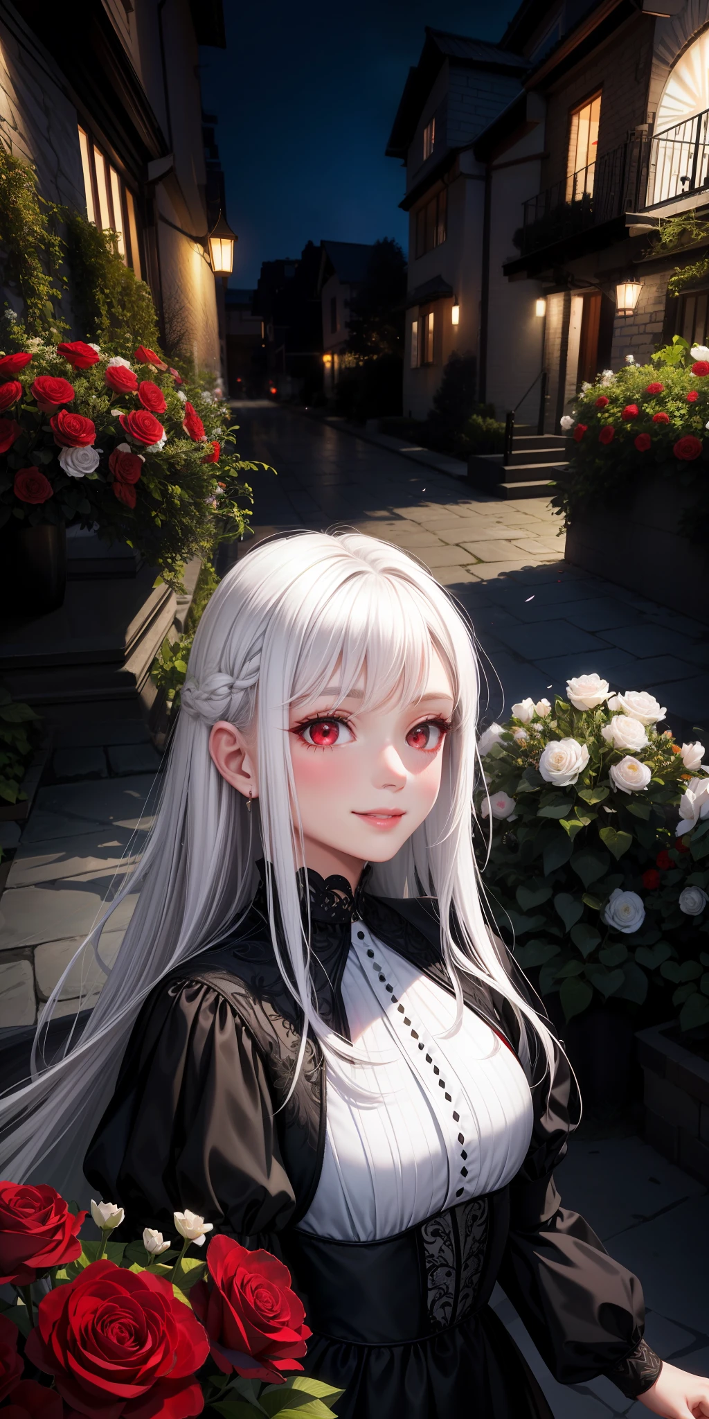 realistic, 1 woman (black hair), 3 daughters (white hair), red eyes, gala dresses, light, night, blush, smiles, flowers, garden, square