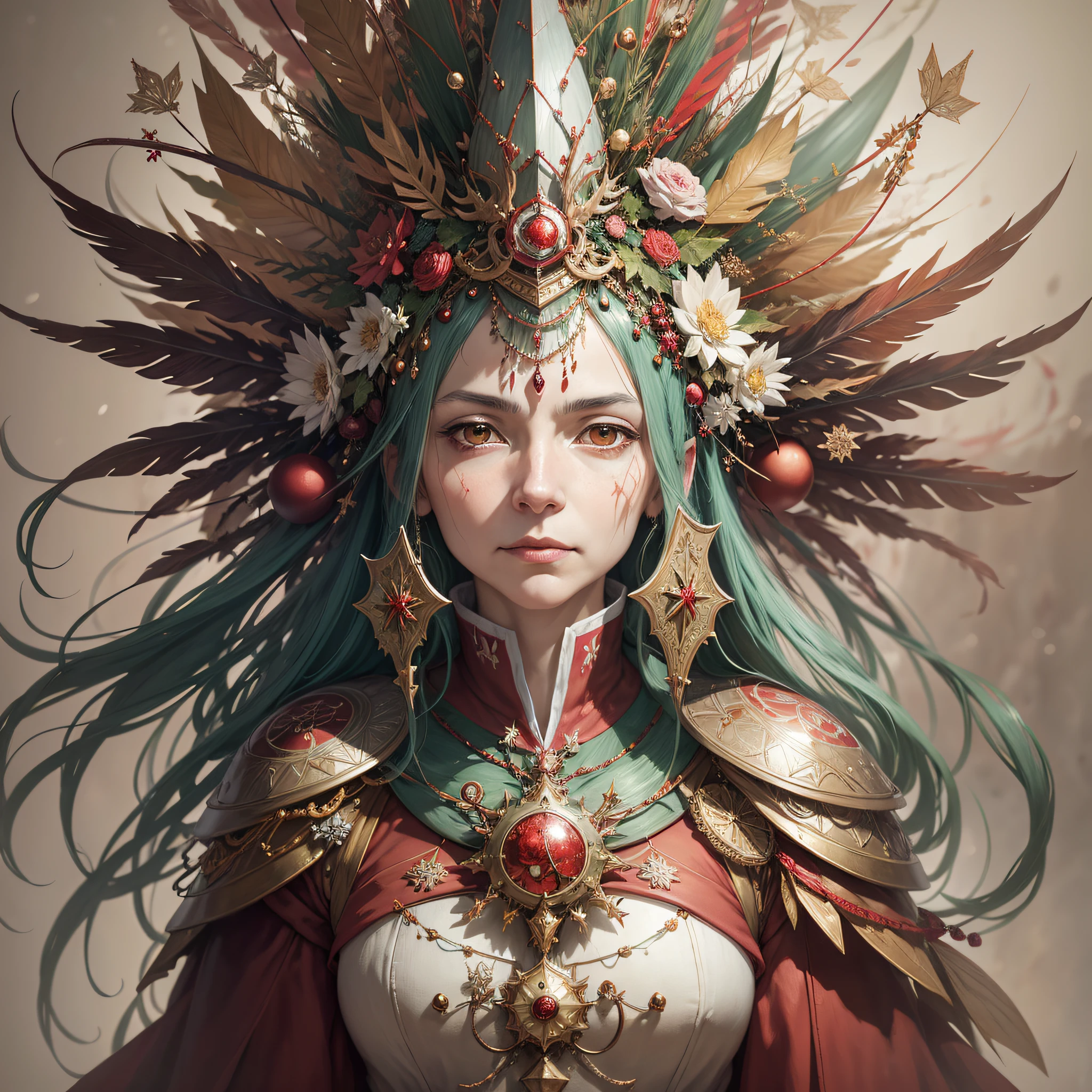 The Queen of Christmas in the red uniform of Yoshitaka Amano, Ellen Jewett and Leonora Carrington:: A detailed, elegant, intricate and colorful portrait in mixed media:: A masterpiece of surreal art, a vibrant painting --auto --s2