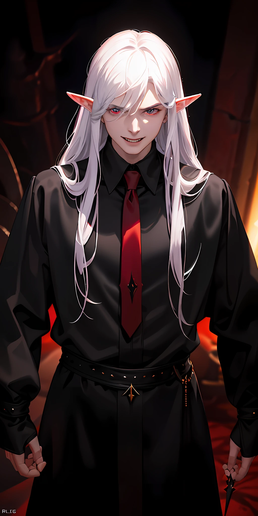 antagonist, evil laugh, (photo-realistic: 1.4), (masterpiece), (best quality), (best quality), (cinematic lighting), luxurious, 8k, detailed, ray tracing, depth of field, cinematic lighting, blood, 1 adult man, man, thin, muscle, pointed ear, male elf, pale skin, long curly white hair, bright red eyes, smile, blood, two daggers, black clothes, black cape, vampire
