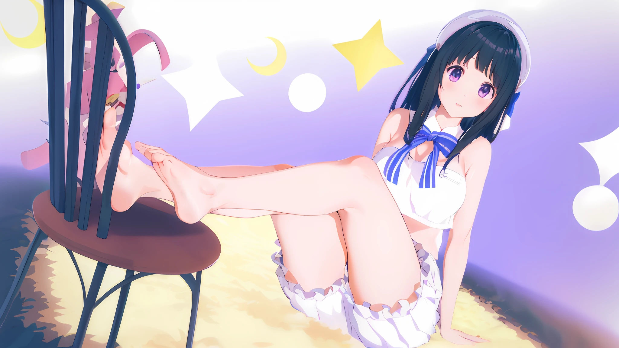 1girl, chitanda eru, long hair, black hair, school uniform, purple eyes, white shirt, white socks, pleated skirt, bangs, black sailor collar, neckerchief, black skirt, long sleeves, library, sitting,