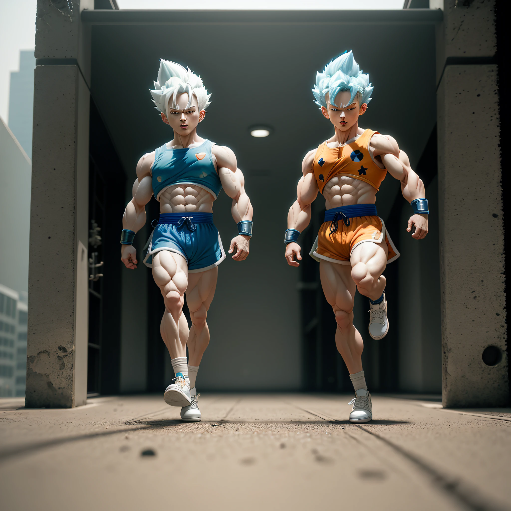 Goku, Super Saiyan, white and blue hair full body delicate shoes, eye portrayal, arm portrayal, popmart blind box, stepping on the ground, more prominent against black and white background, the best quality under natural light, hyper-detail, 3D art, c4d, OC renderer, 3D rendering, hope to show a unique visual effect, full of passion.