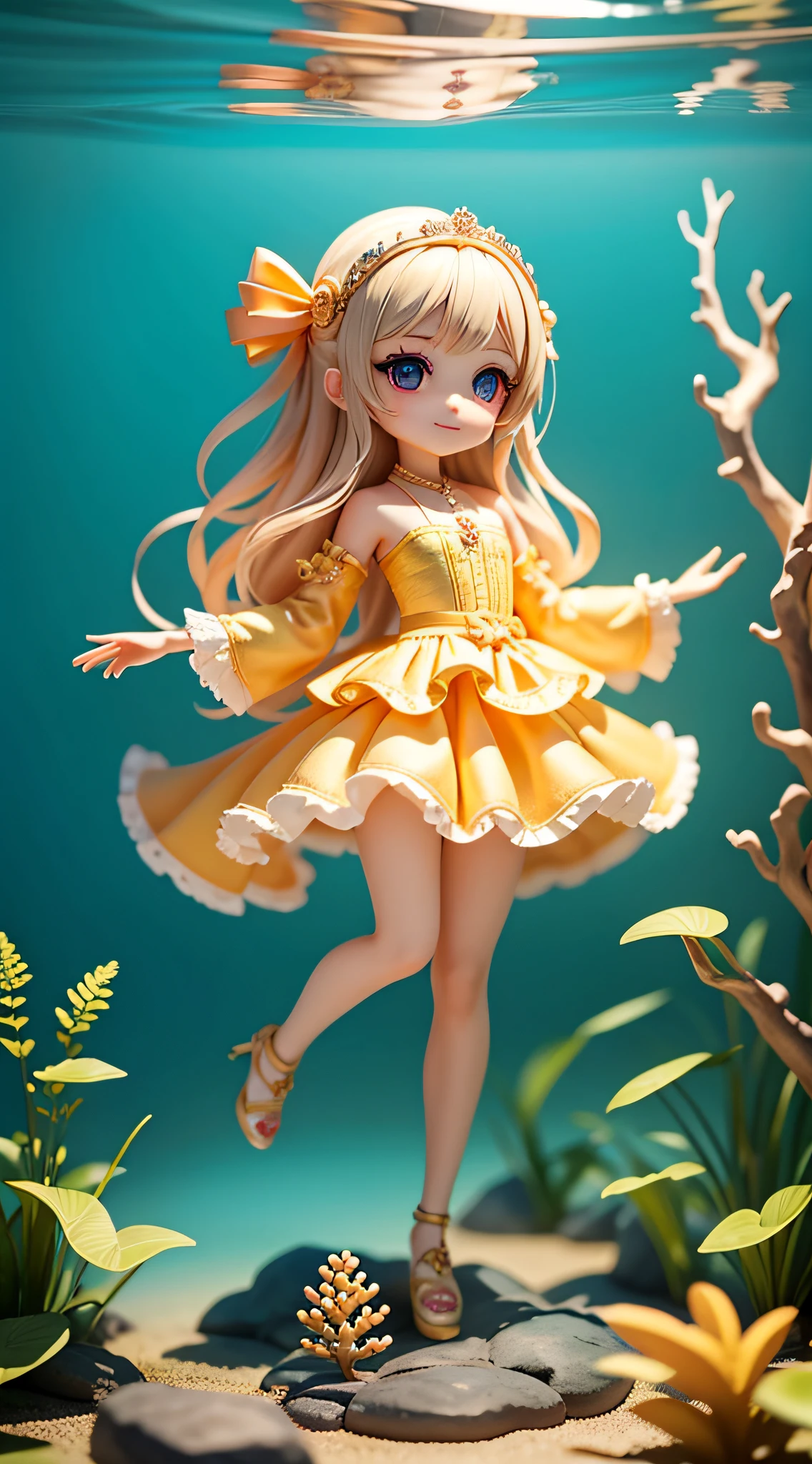 ((Best Quality)), ((Masterpiece)), ( Extreme Detail, Supreme Detail, Official Art, Beauty and Aesthetics: 1.2), Depth, Composition Full Body, Chibi, Happy, (Beautiful and Detailed Eyes: 1) Blurred Background, (Water: 1) (Full Body: 1.5), Photography, Film Lighting, (Fish), Fish, Lots of Fish, Bubbles, Coral, Beautiful Flow, Light