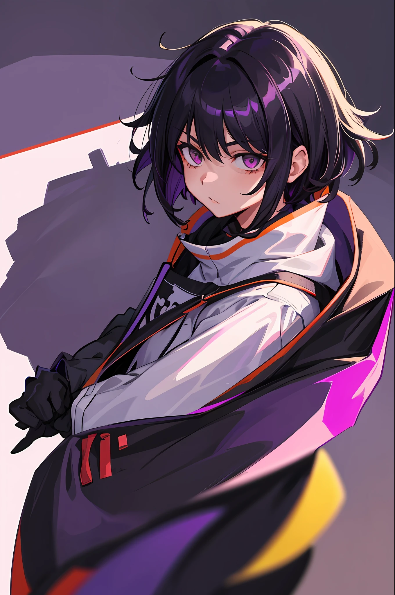 1girl, solo, Kōhei Horikoshi style, short hair, messy hair, very messy hair, purple eyes, black hair, purple shadow hair