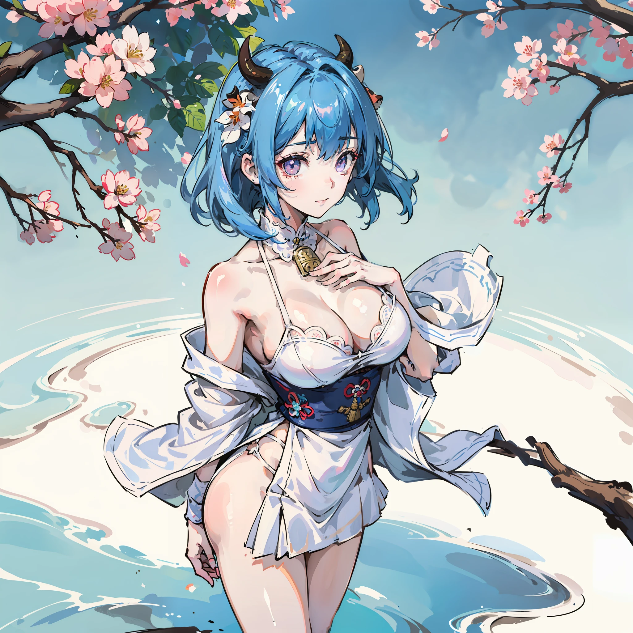 ganyu_genshin, 1 girl, (smile), (upper body: 1.2), (standing), solo, (1 girl in photo: 1.5), (one: 1.5), (looking at the viewer: 1.4), (hands behind the back: 1.5), (cow horn head decoration), blue hair, beautiful detailed pink eyes, (huge breasts), (white bra: 1.5), (white thong: 1.5), (bare hands: 1.5), (bare legs: 1.5), white high heels (bottom: 1.2), outdoor, park, lawn, station, flowers,