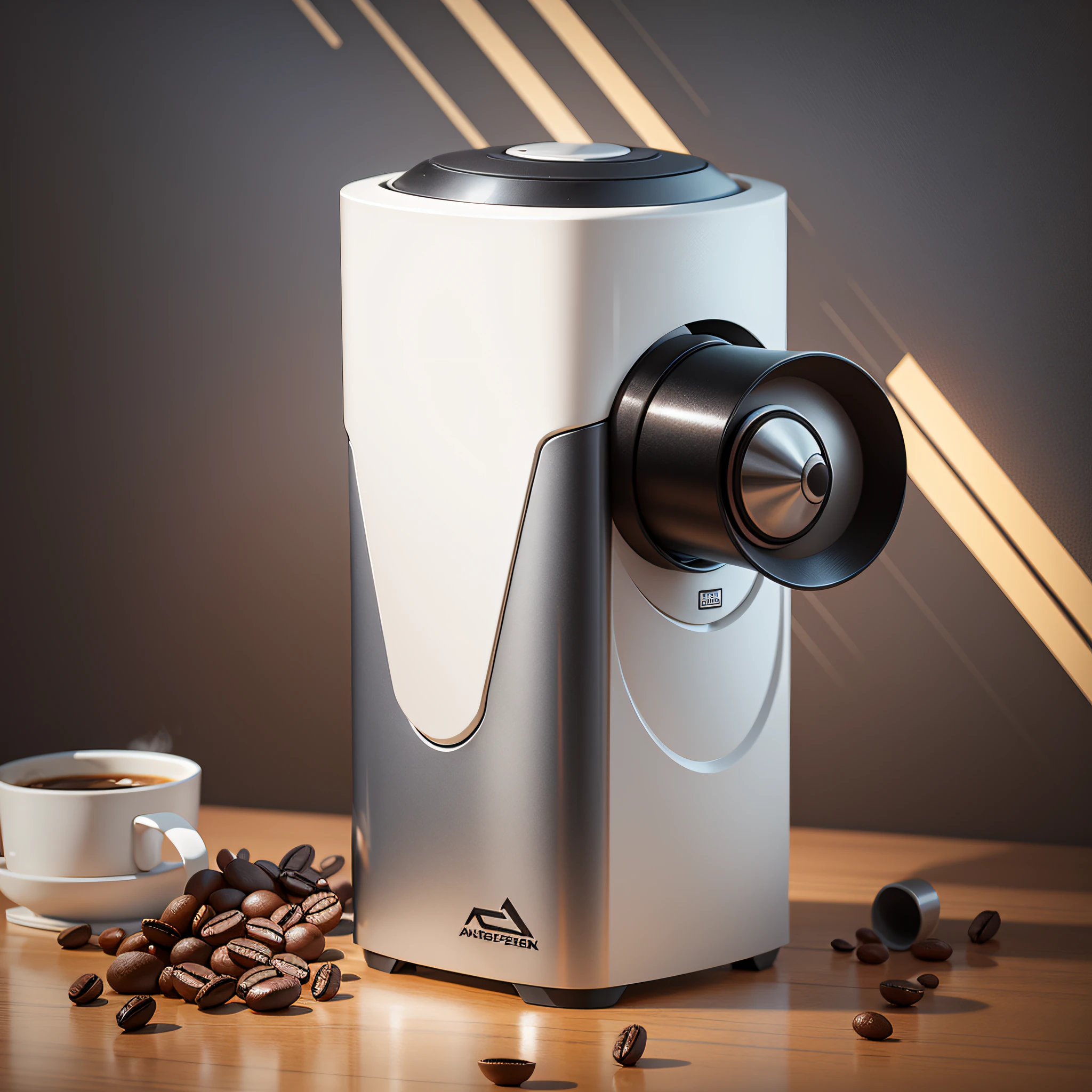 best quality, masterpiece, coffee grinder, futuristic, technological, abstract, arc design, beautiful, minimalist, curved design, simple background,