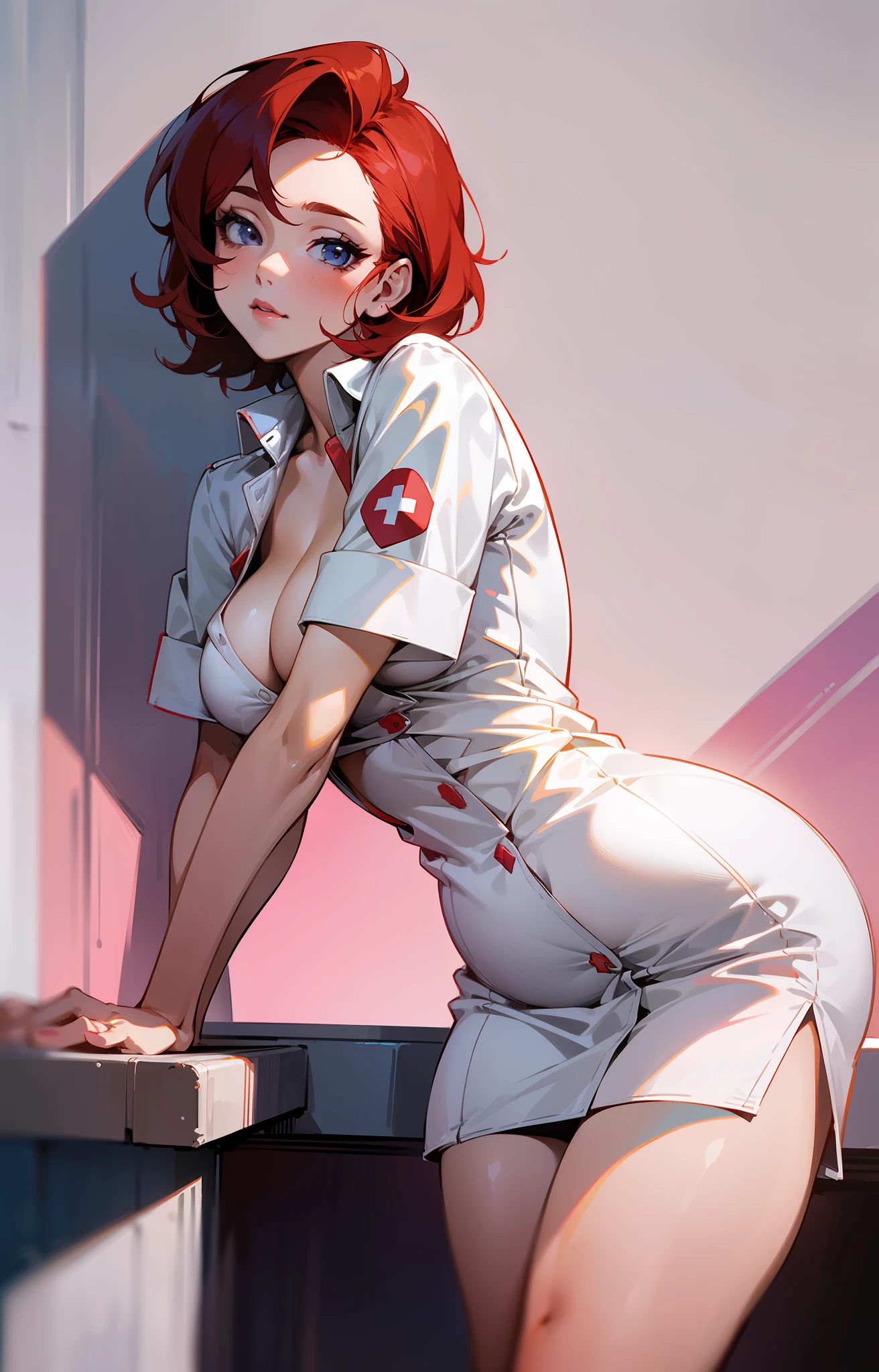Woman 30 years, short red hair, nurse nurse, tight white clothing, unbuttoned blouse, no buttons, no bra, no bra, beautiful huge soft breasts, leaning forward, arms and hands resting on the knee, close-up, looking forward, penetrating and sensual look, slightly wide hips, big ass