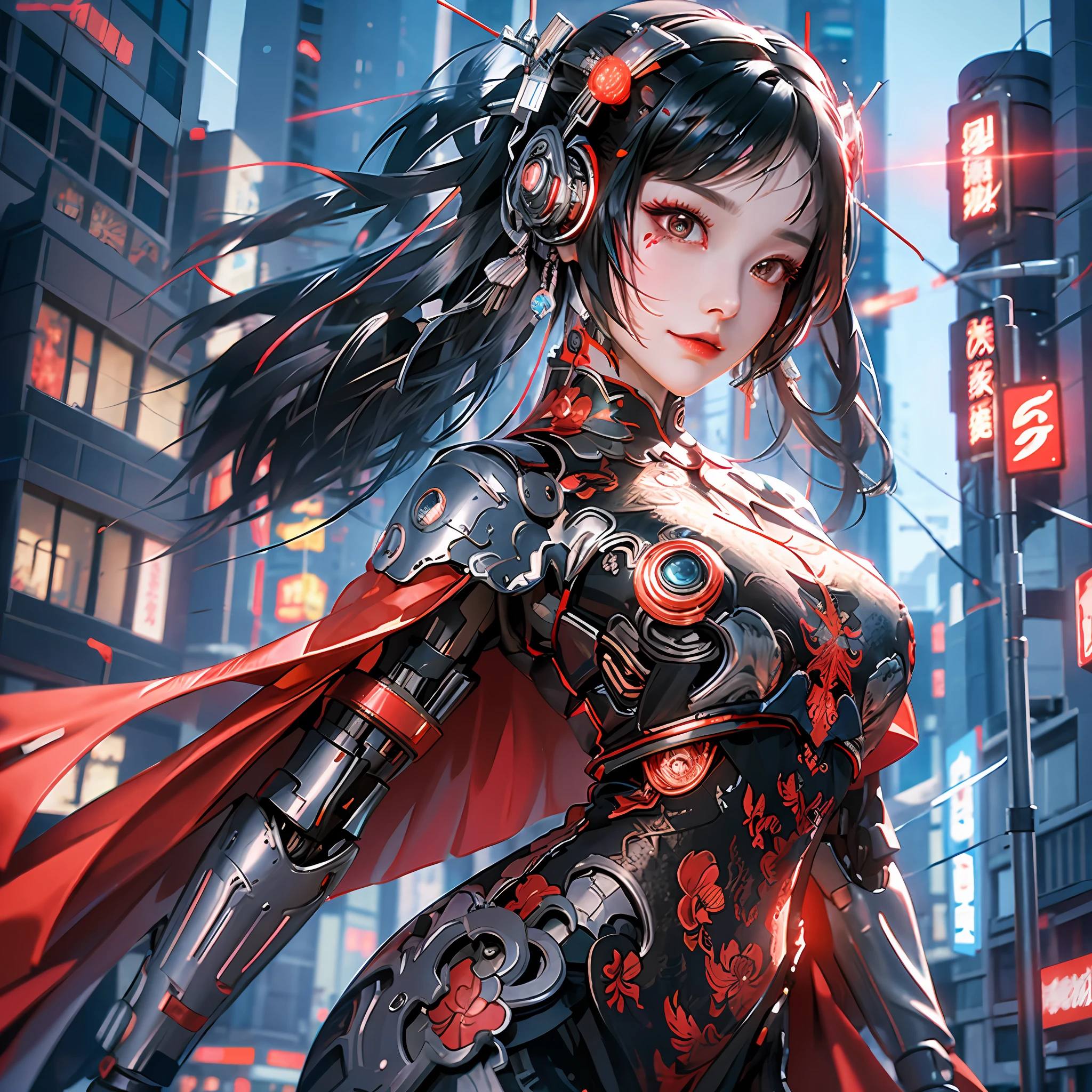1 girl, Chinese_clothes, metallic black titanium and crimson, cyberhan, cheongsam, cyberpunk city, dynamic pose, detailed luminescent headphones, luminous hair accessories, long hair, luminous earrings, glowing necklace, cyberpunk, high-tech city, full of mechanical and futuristic elements, futurism, technology, glowing neon, red, red light, sexy skirt, transparent black cape, laser light, digital background city sky, big moon, with vehicles, best quality, masterpiece, 8K, Character edge light, super high detail, high quality, the most beautiful woman in human beings, smile, face facing front and left and right symmetry, ear decoration, beautiful pupils, light effects, visual data, silver-red-orange hair dyeing hair, super detail facial texture, happy and proud, weapon system, crowded street passers-by, mecha style