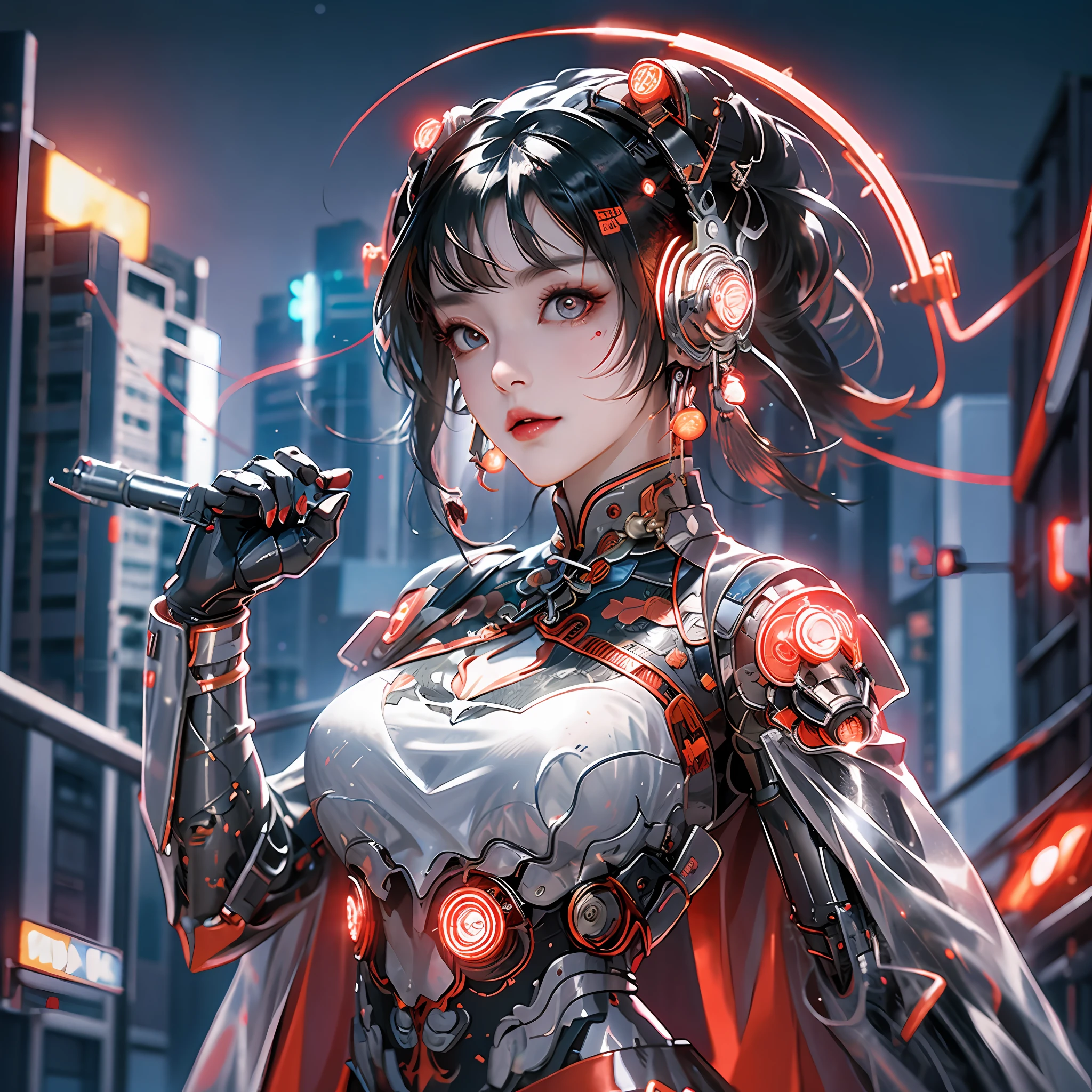 1 girl, Chinese_clothes, metallic black titanium and crimson, cyberhan, cheongsam, cyberpunk city, dynamic pose, detailed luminescent headphones, luminous hair accessories, long hair, luminous earrings, glowing necklace, cyberpunk, high-tech city, full of mechanical and futuristic elements, futurism, technology, glowing neon, red, red light, sexy skirt, transparent black cape, laser light, digital background city sky, big moon, with vehicles, best quality, masterpiece, 8K, Character edge light, super high detail, high quality, the most beautiful woman in human beings, smile, face facing front and left and right symmetry, ear decoration, beautiful pupils, light effects, visual data, silver-red-orange hair dyeing hair, super detail facial texture, happy and proud, weapon system, crowded street passers-by, mecha style