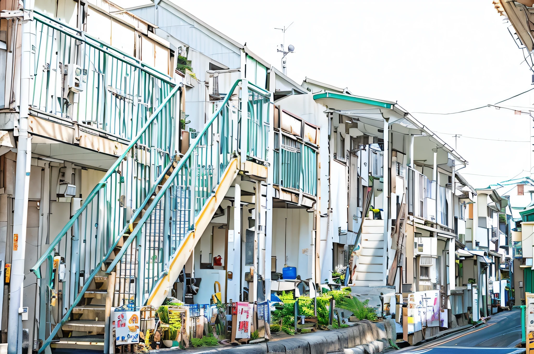 noon, clear illustrations, illustrations like anime backgrounds, thick line art, day, bright, there is a white staircase going up to the building on the street, residential area, housing complex, Hironaka, Iwakura, tall terrace!,