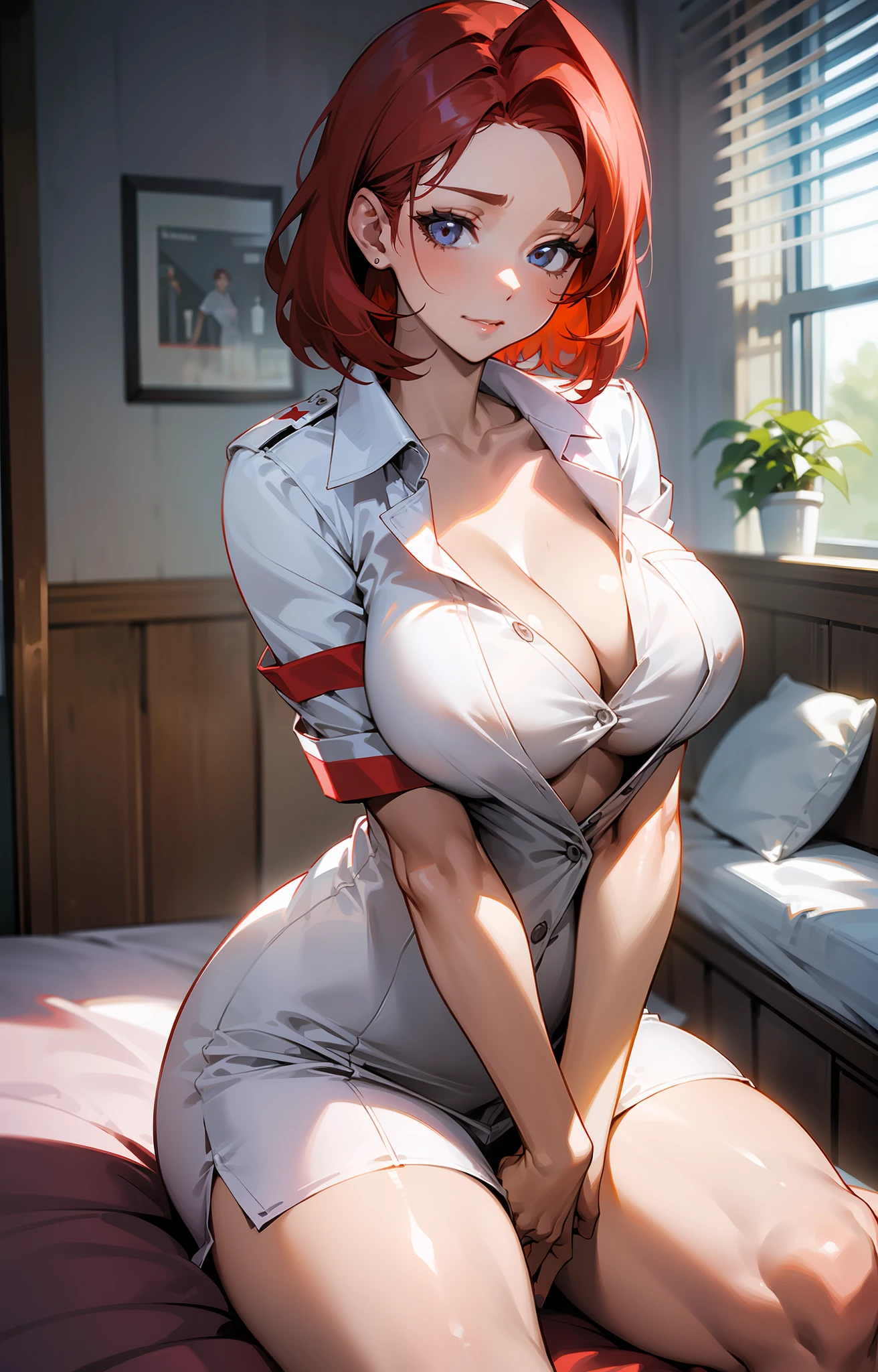 Woman 30 years, short red hair, nurse nurse, tight white clothing, unbuttoned blouse, no buttons, no bra, no bra, beautiful huge soft breasts, leaning forward, arms and hands resting on the knee, close-up, looking forward, penetrating and sensual look, slightly wide hips, big ass