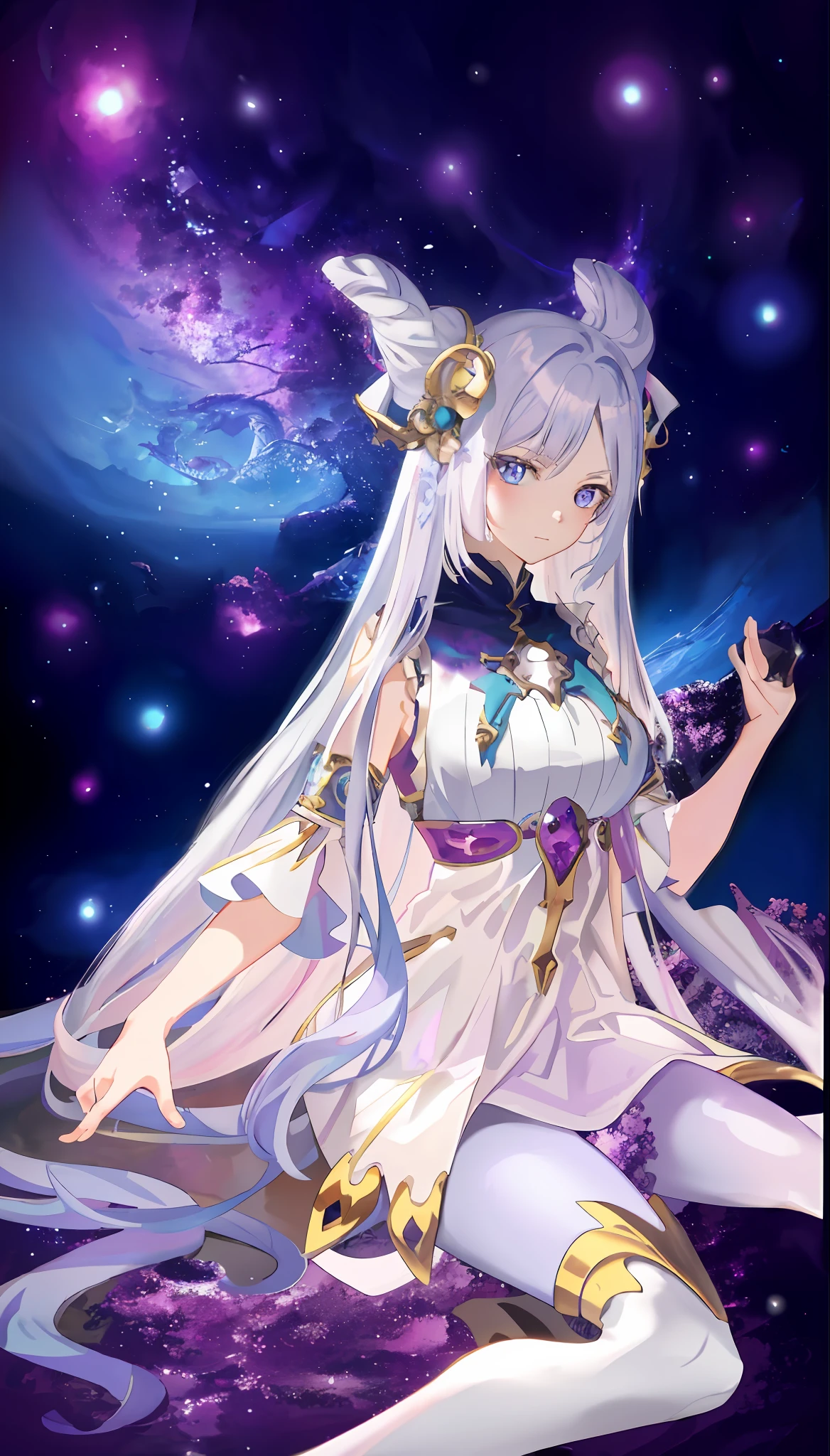 HD, fantasy sitting on purple background with long white hair and blue eyes anime girl, dragon girl, digital anime 8k HD artwork, depicting fine detail illustration, detailed key anime art, high detail rating, detailed official artwork, beautiful fantasy art, fan manga colorful.