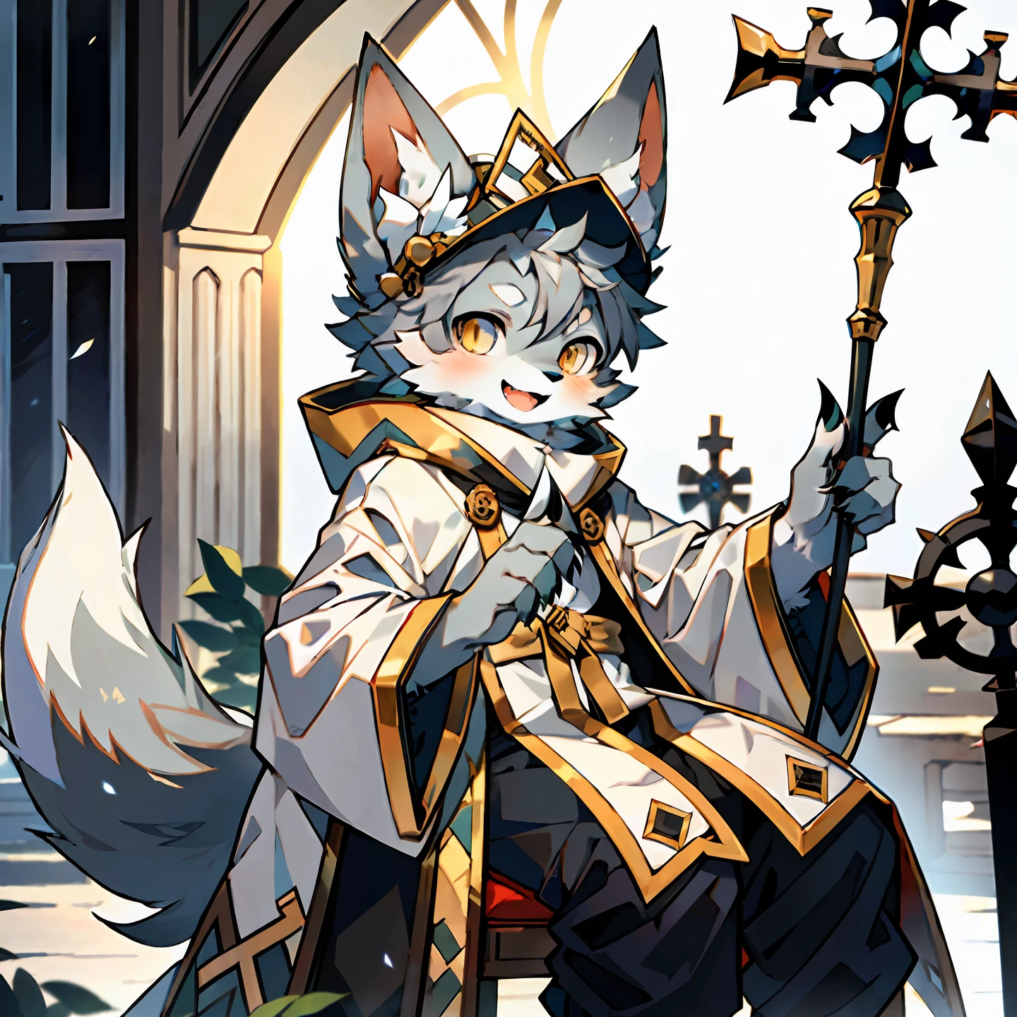 (Best Quality), (Masterpiece), ((Solitary)), (Ultra Detailed), (Furry), (Furry), (Male Arctic Fox: 1.5), (Gray Skin: 1.3), (Fluffy Tail: 1.2), (Golden Eyes), (Sharp Claws), (Gray Ears), Open Mouth, Sharp Focus, (Furry Feeling of Animal Ears), Magician, Magician Robe, Magic Hat, Magic Staff, Sitting on a Throne, in a Church, Dim, Detailed Background