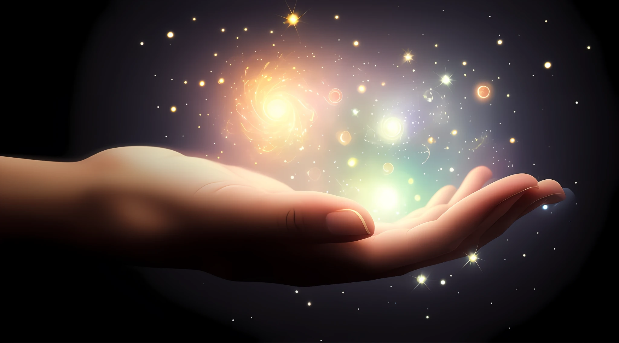 someone holding out their hand with a glowing light in the background, emanating magic from her palms, holding a galaxy, creation of the universe, the creation of the universe, universe life significance, holding a tiny galaxy, coherent hands, the universe and everything, channeling mystical energy, holding onto a galaxy, the universe, universe in the sky, channeling swirling energy --auto --s2
