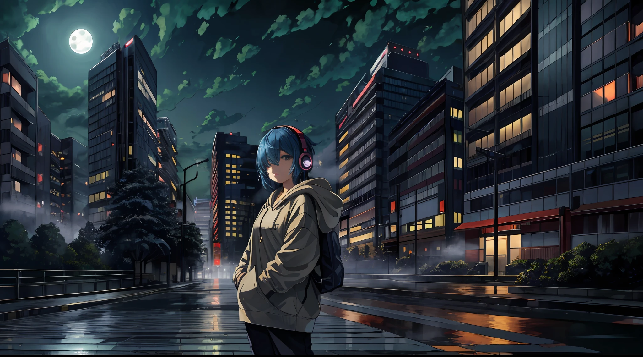 Japan, High Resolution, Best Quality, Illustration, Ultra Detailed, (Detailed Face), Soft Lighting, Best Quality, Foggy Glow, Dreamy Atmosphere, Ultra Detail, Masterpiece, One Girl, Solo, Night, Hair Over One Eye, Headphones, Hoodie, Outdoors, Night,Full Moon, Clouds, Skyscraper in the background, Industry, Public transport, Urban, Building concrete, concrete, sidewalk, busy, tree, autumn, falling, leaves, blue-haired, expressionless, mouth closed,((Wide shot)), Wide stance, shot from a distance, (((((Landscape)))