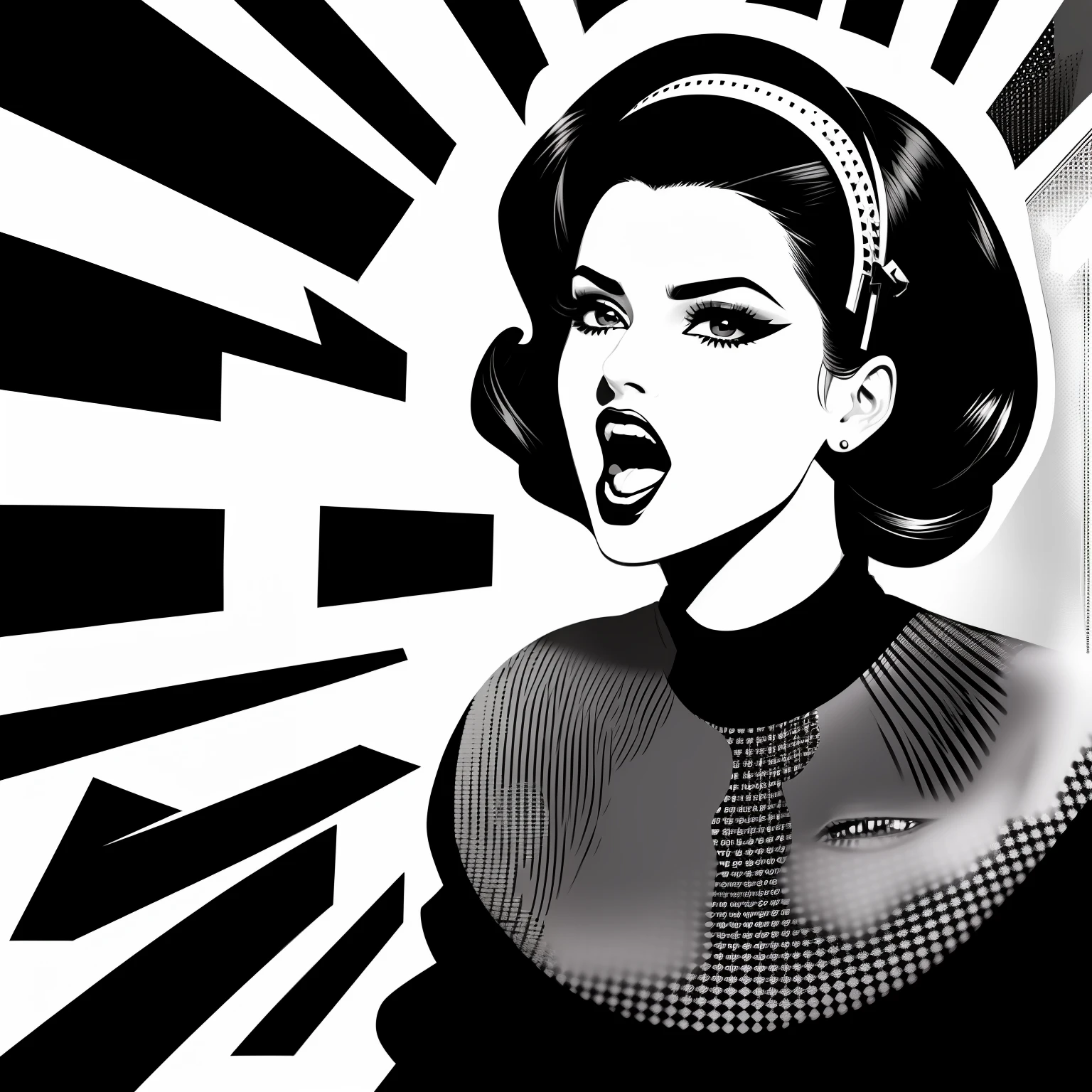 araffe woman with open mouth and speech bubble in black and white, screaming fashion model face, black and white vector art, digital art - w 640, shouting, halftone effect, comic digital art, high contrast illustrations, high contrast illustration, amazing, speech, air brush illustration, art of alessandro pautasso, popart, digital illustration -, talking