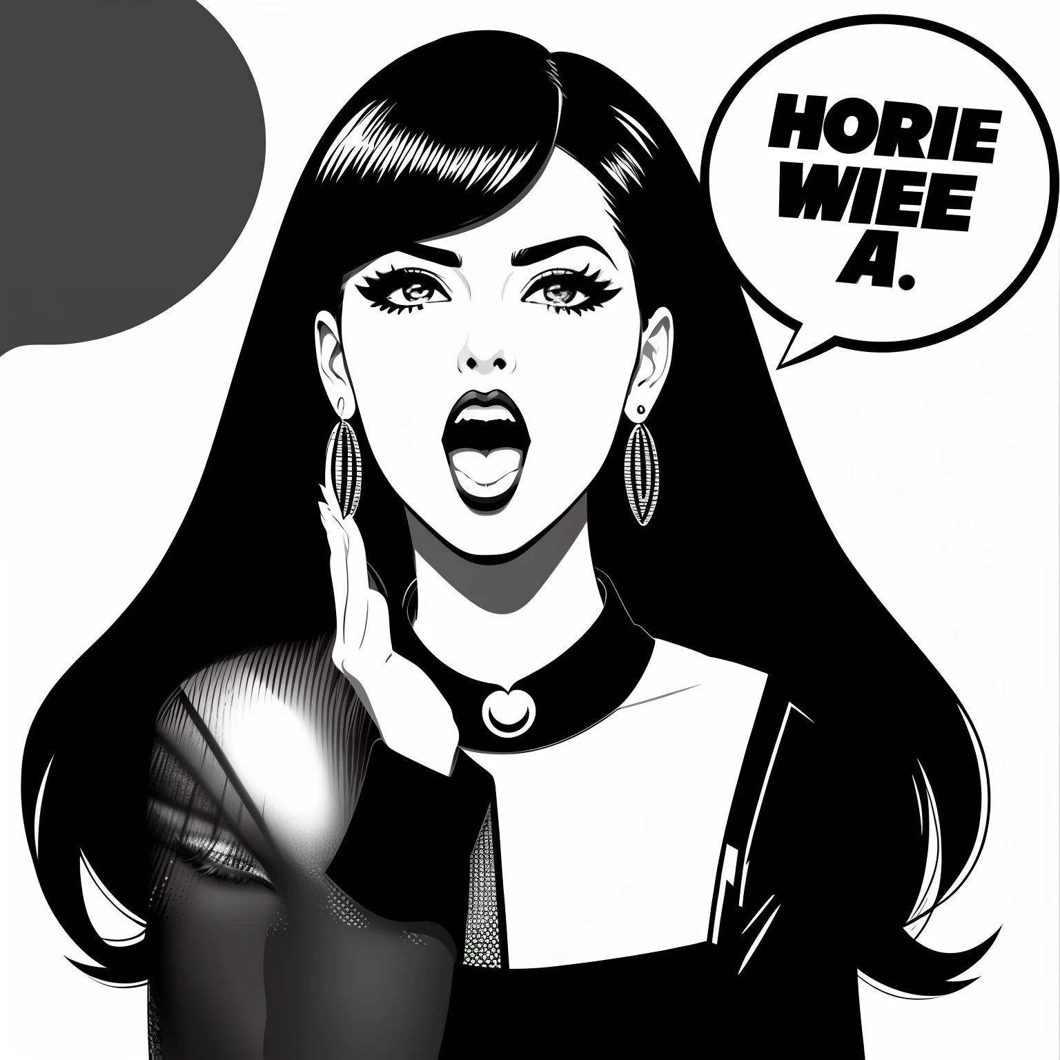 araffe woman with open mouth and speech bubble in black and white, screaming fashion model face, black and white vector art, digital art - w 640, shouting, halftone effect, comic digital art, high contrast illustrations, high contrast illustration, amazing, speech, air brush illustration, art of alessandro pautasso, popart, digital illustration -, talking