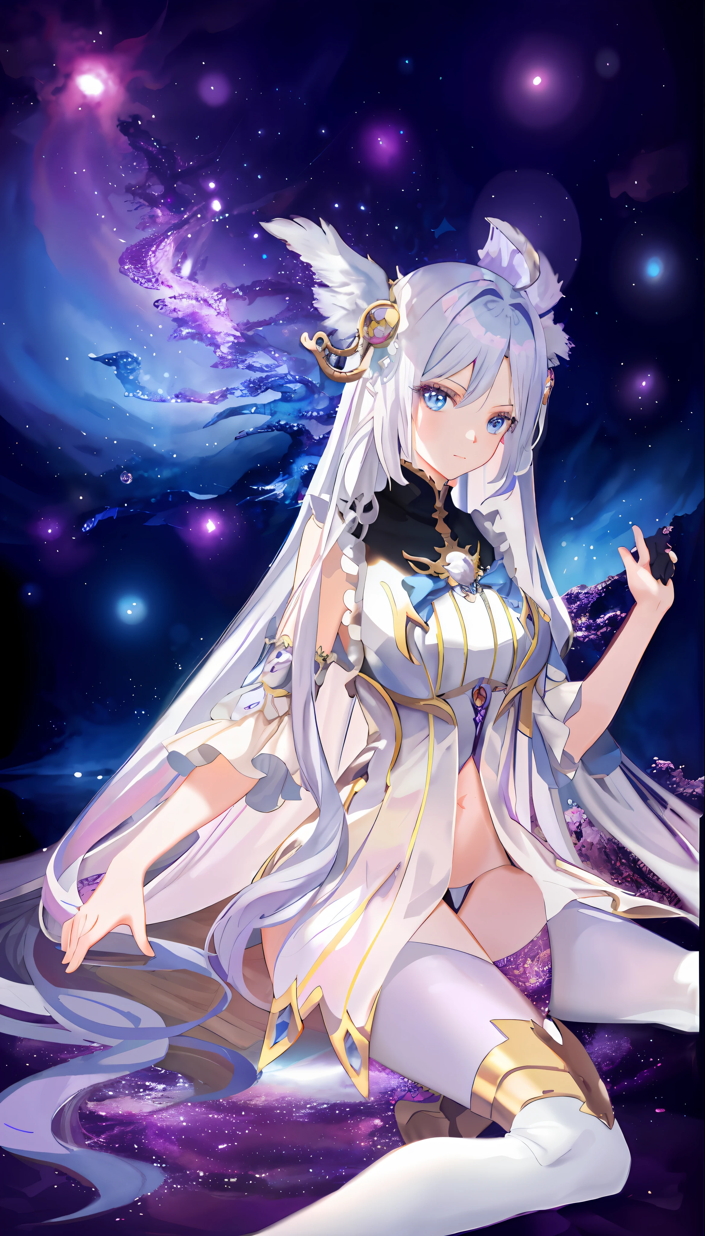 HD, fantasy sitting on purple background with long white hair and blue eyes anime girl, dragon girl, digital anime 8k HD artwork, depicting fine detail illustration, detailed key anime art, high detail rating, detailed official artwork, beautiful fantasy art, fan manga colorful.
