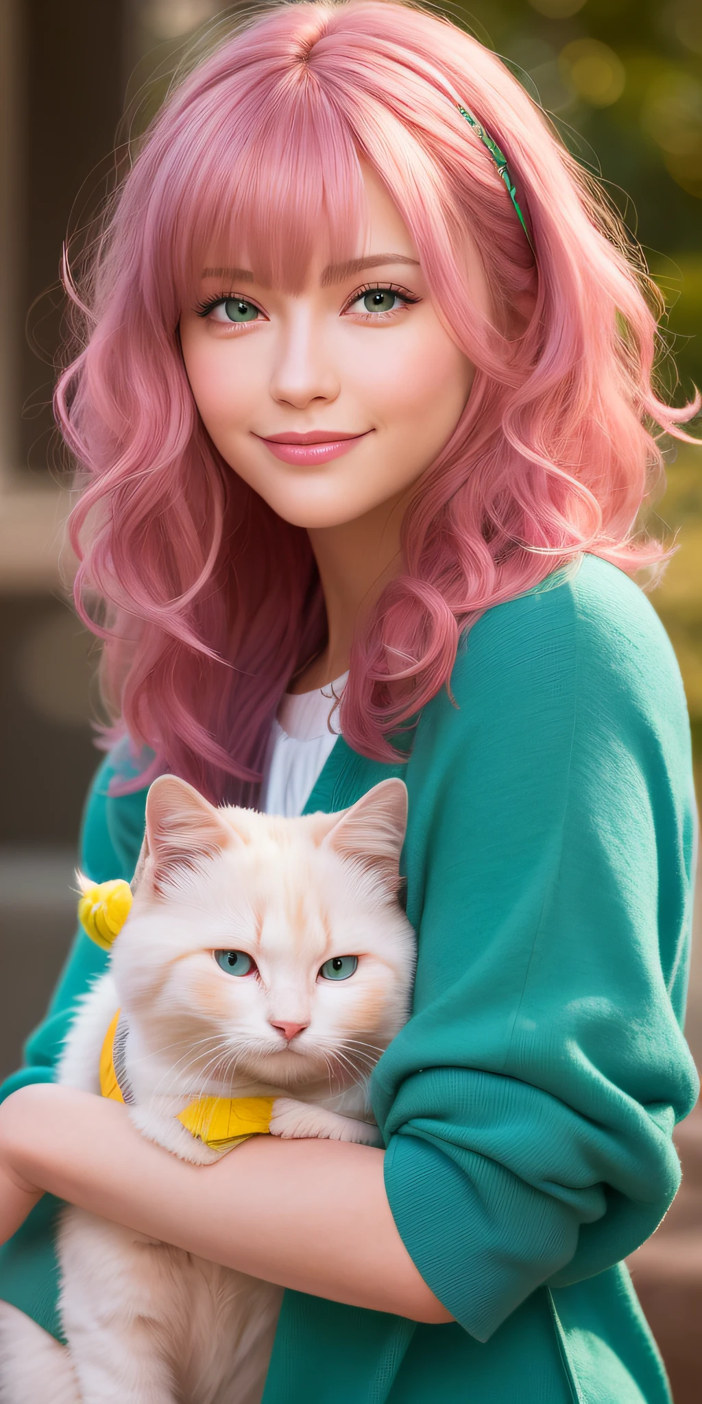 (68K, UHD, Top Quality, Masterpiece: 1.2), (Realistic, Photorealistic: 1.4), Super Detailed, One Girl, Cute, Solo, Date, (Blush), (Smile: 1.15), (Closed Mouth) Big, Cat-like Face, Beautiful Fine Eyes, Night, (Short Hair: 1.2), (Pink Hair, Green Eyes), Floating HairNovaFrogStyle,