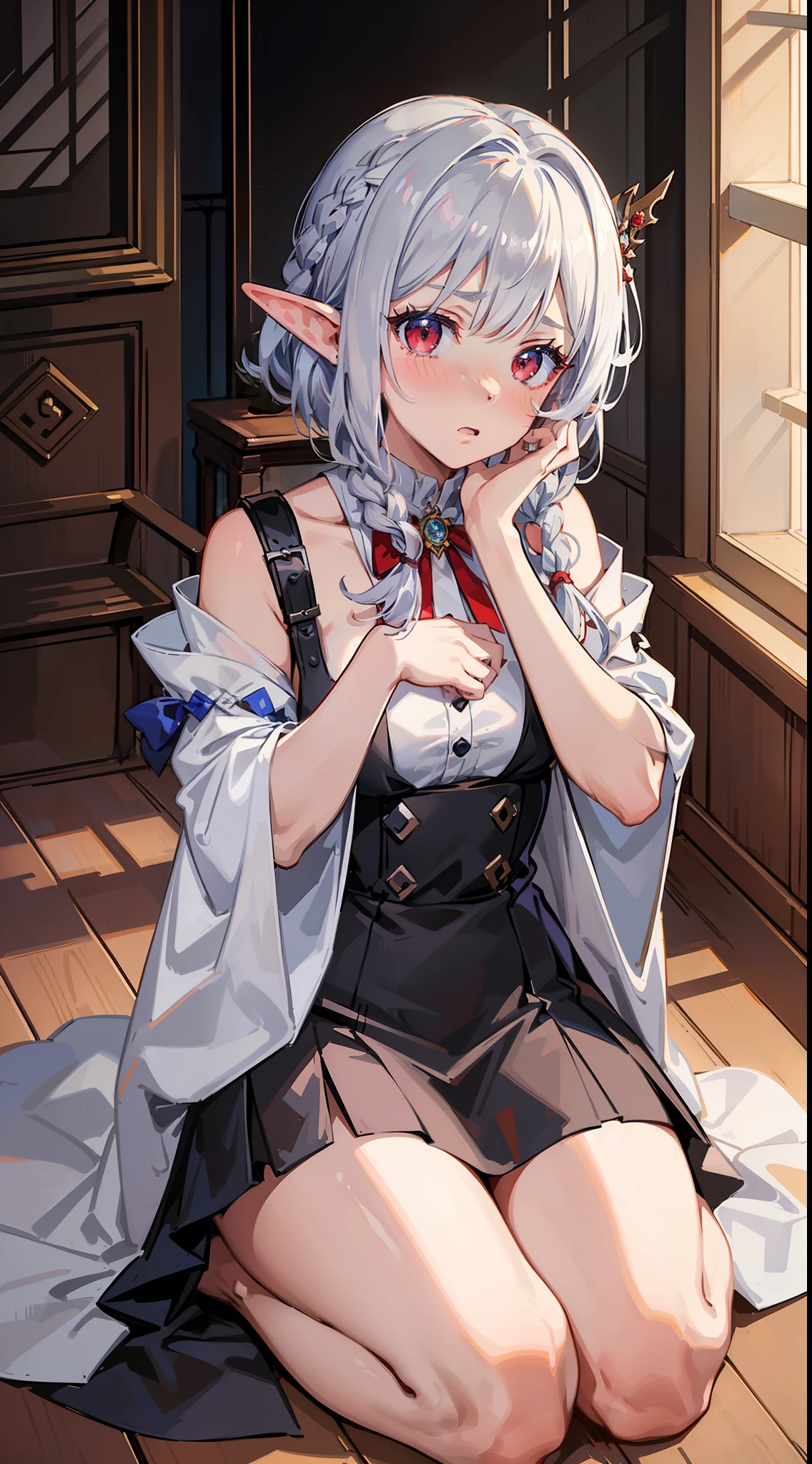 (masterpiece), one girl, elf, silver hair, red eyes, bob cut, braided hair, ((facing front)), ((putting both hands on one's face)), ((surprised)), (blush), fantasy style costume, wizard, robe, long skirt, tights, indoors, kneeling, concept art, beautiful anime scene, beautiful anime scenery, top rated on pixiv, top quality, 4K