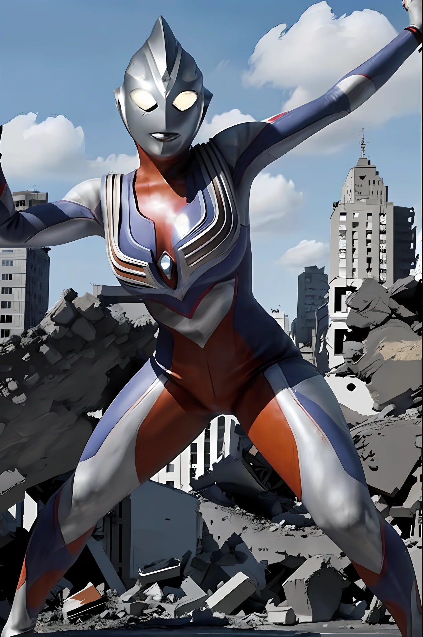 (A woman / Ultraman / Monster next to the exhibitionist giant / Next to the giant)), in a completely destroyed city, she is very beautiful / Short straight hair // stares at the audience / smile / do multiple poses with arms and legs, anime style, maximum resolution / quality / clarity / detail.