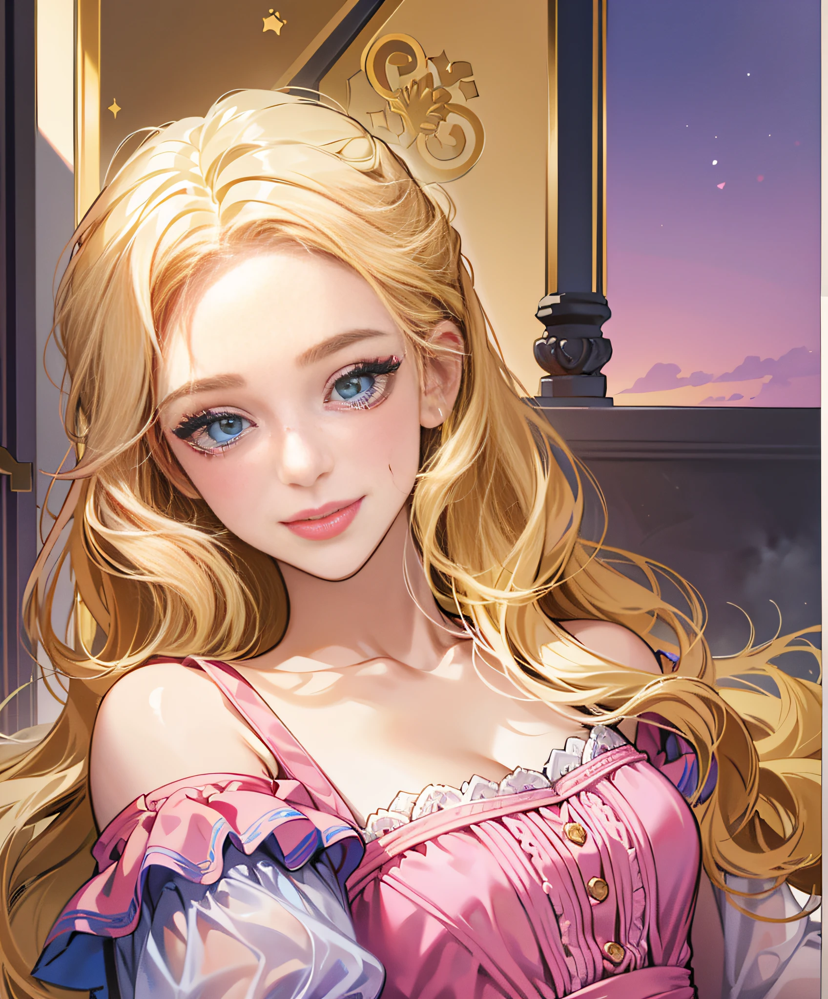 (bold lines: 1.1), (high color), (outlined), ((smooth skin)), (Masterpiece Digital Artwork: 1.3), girl smiling, Barbie_(character), blue eyes, blonde hair, pink dress details in golden yellow --auto --s2