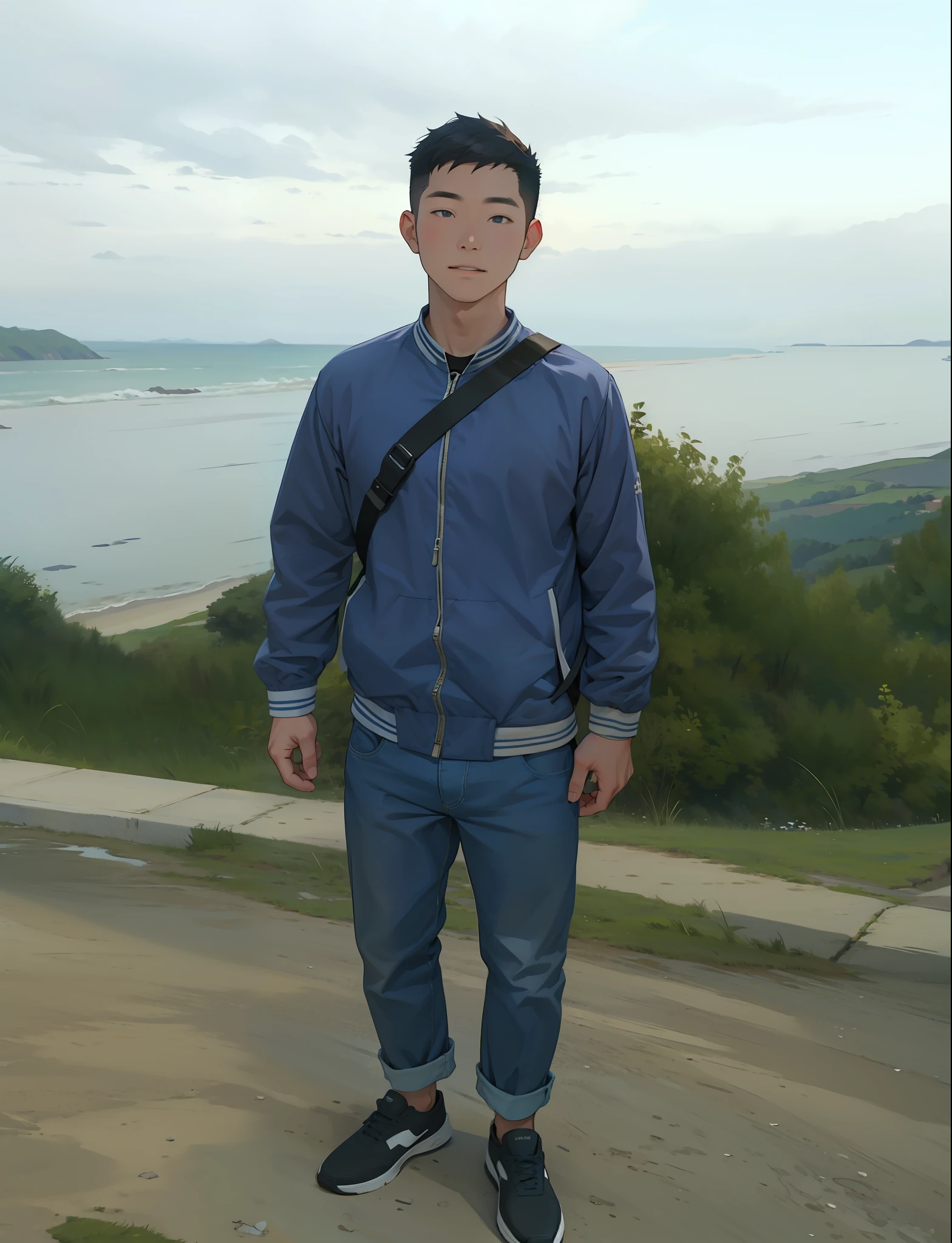 High quality, 8k, 28 years old boy, seaside, crossbody bag, summer, outdoors, clear weather, blue sky and white clouds