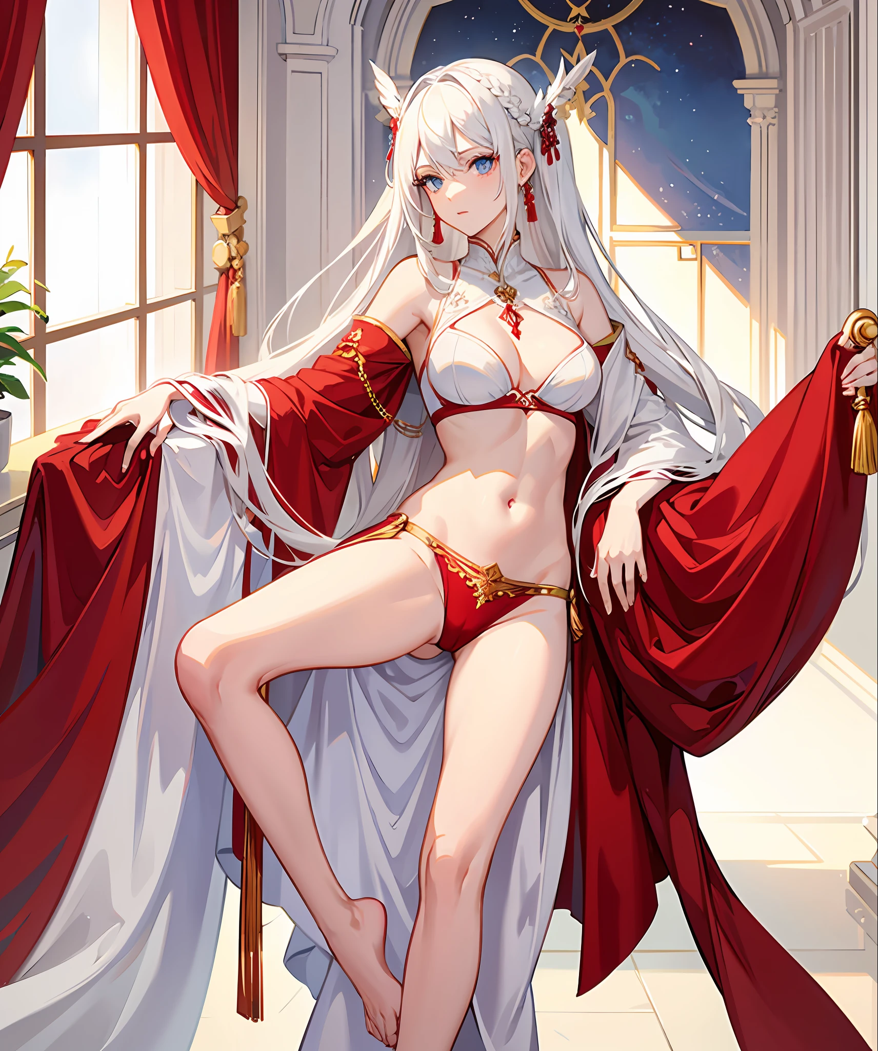 white hair, blue eyes, long hair, red gown, navel, cleavage, medium breast, slim legs, bedroom
